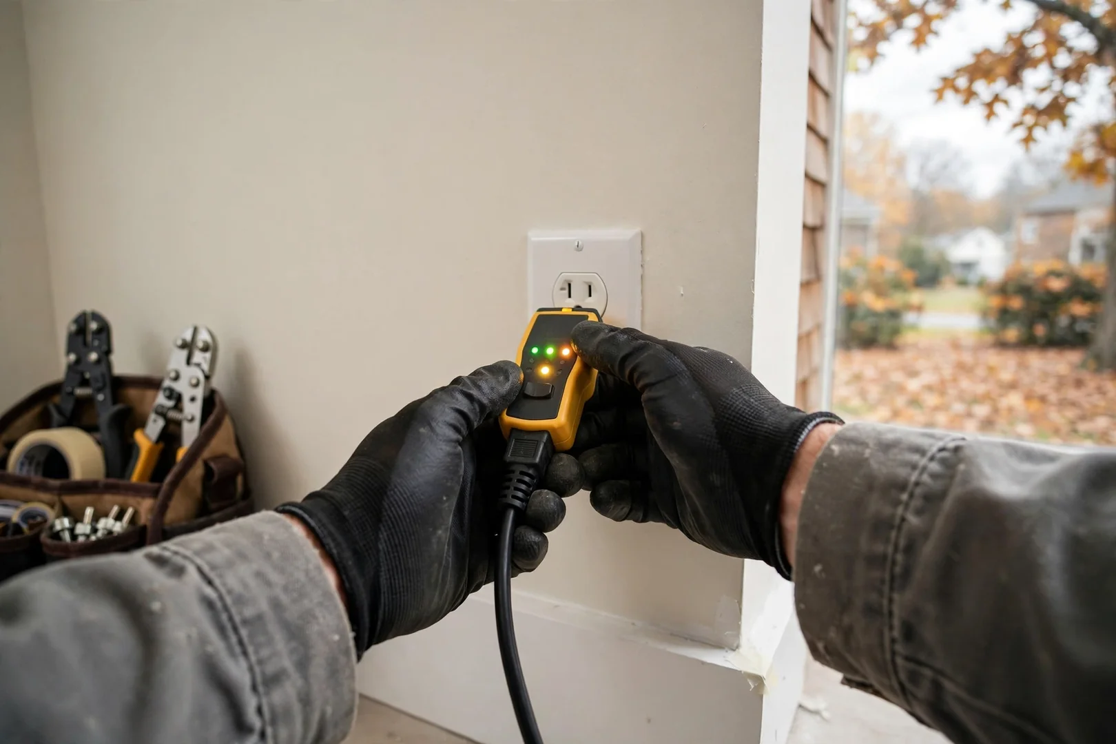 Technician testing circuit polarity and ground integrity at a finished receptacle