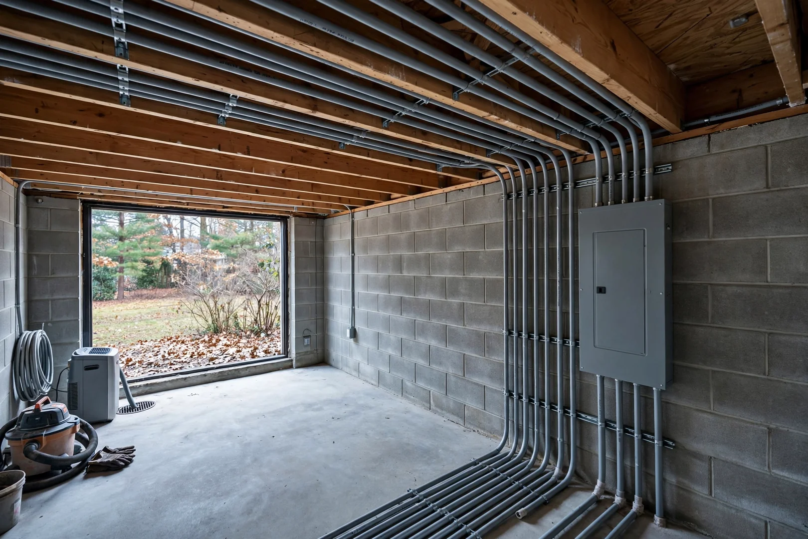 Completed basement wiring with surge protected subpanel and organized cable runs