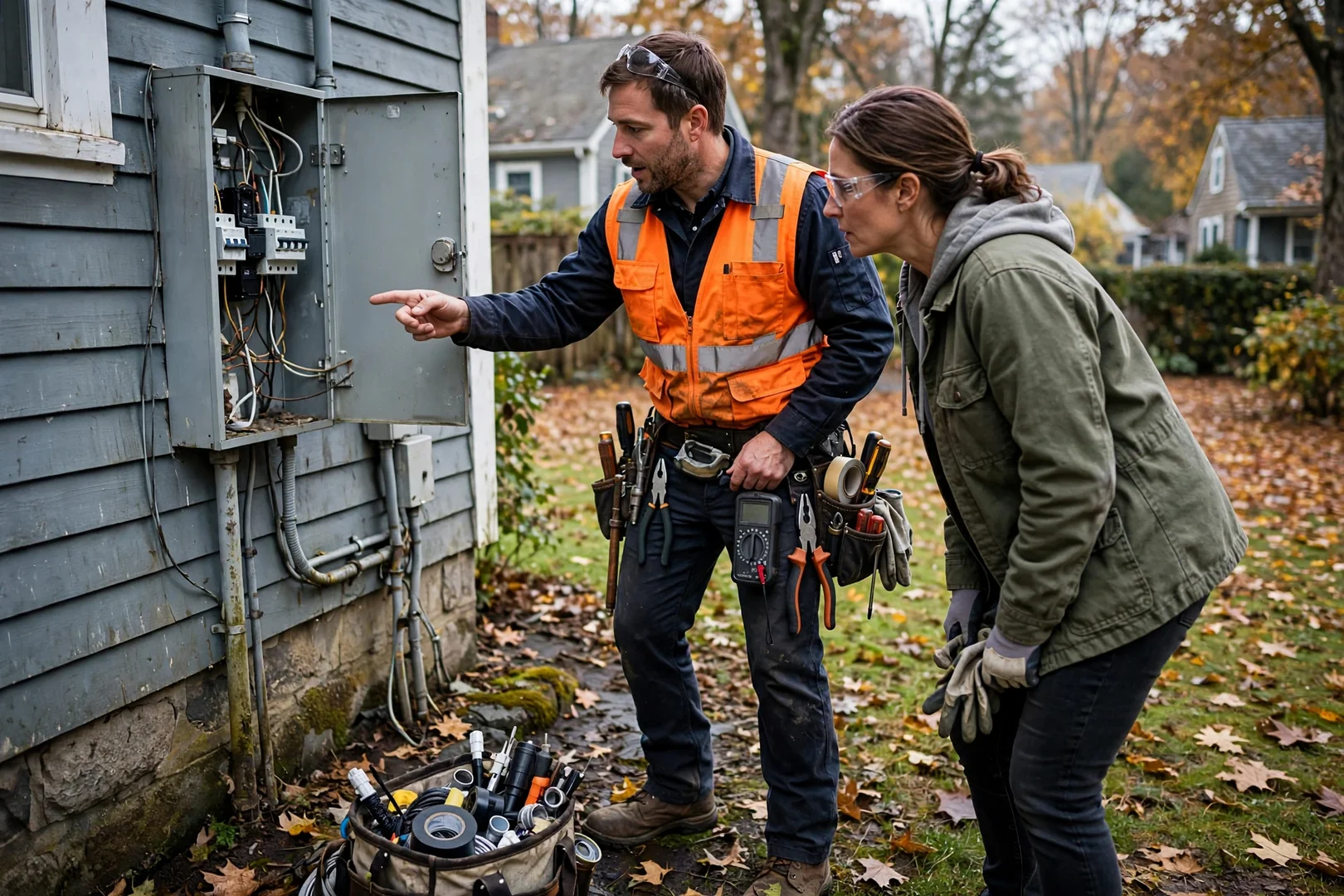 Electrician reviewing a written estimate with a homeowner beside an upgraded circuit breaker panel