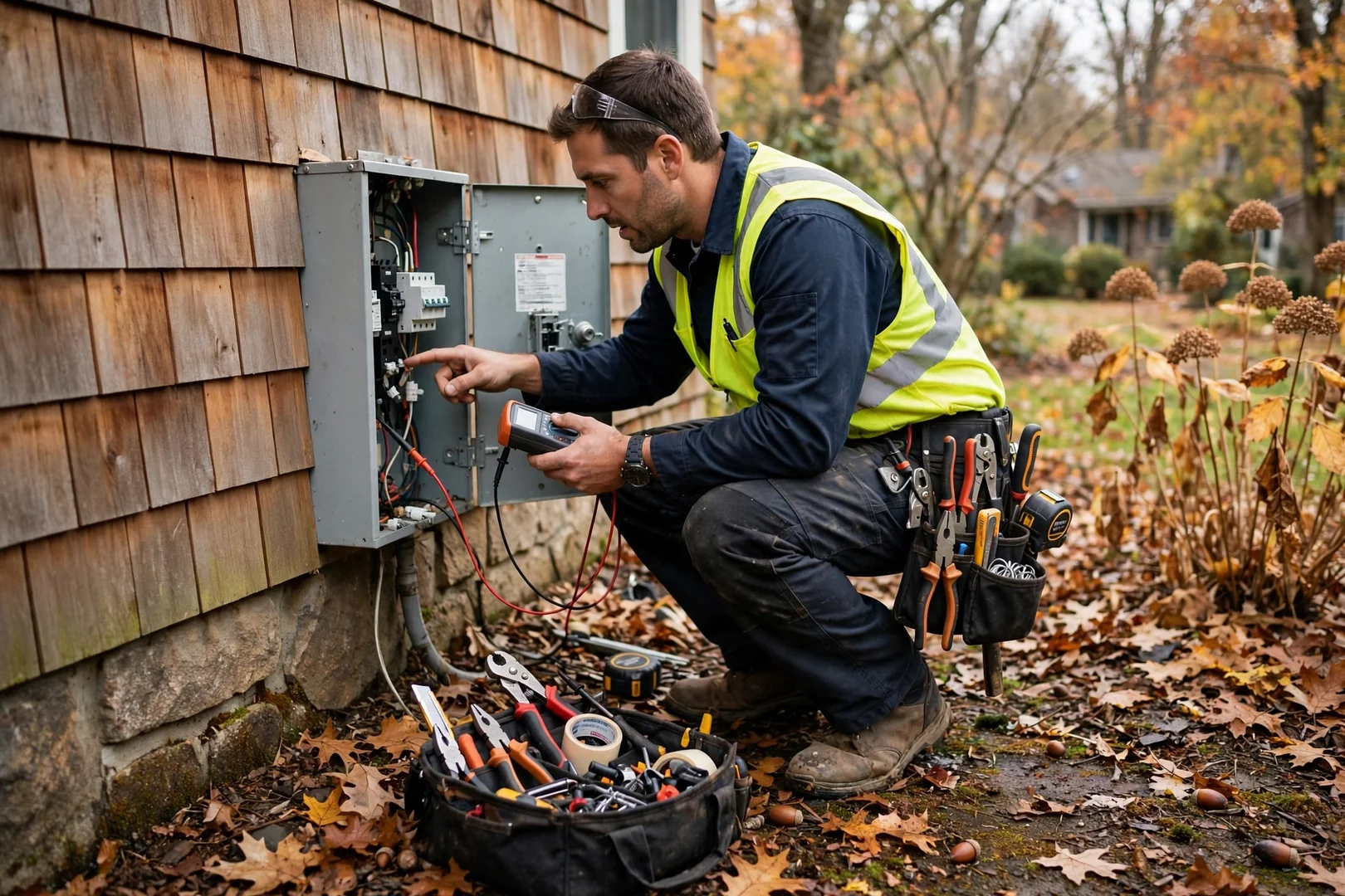 Technician labeling circuit breakers during a residential panel upgrade in Coram