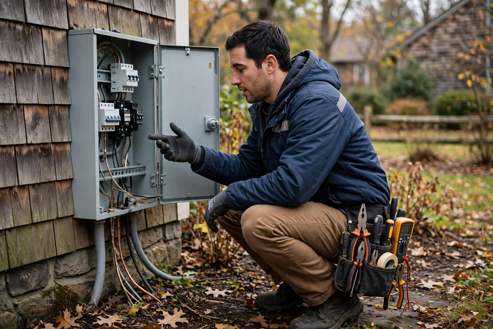 Electrician testing panel breakers inside a Coram home utility room