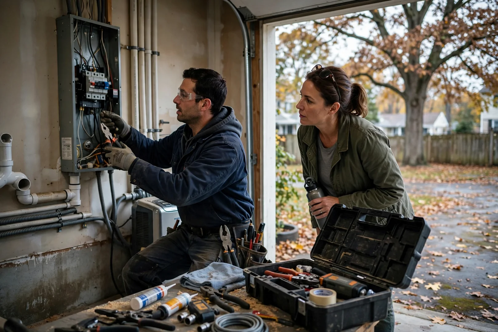 Electrician reviewing a written estimate beside an open residential electrical panel in Coram