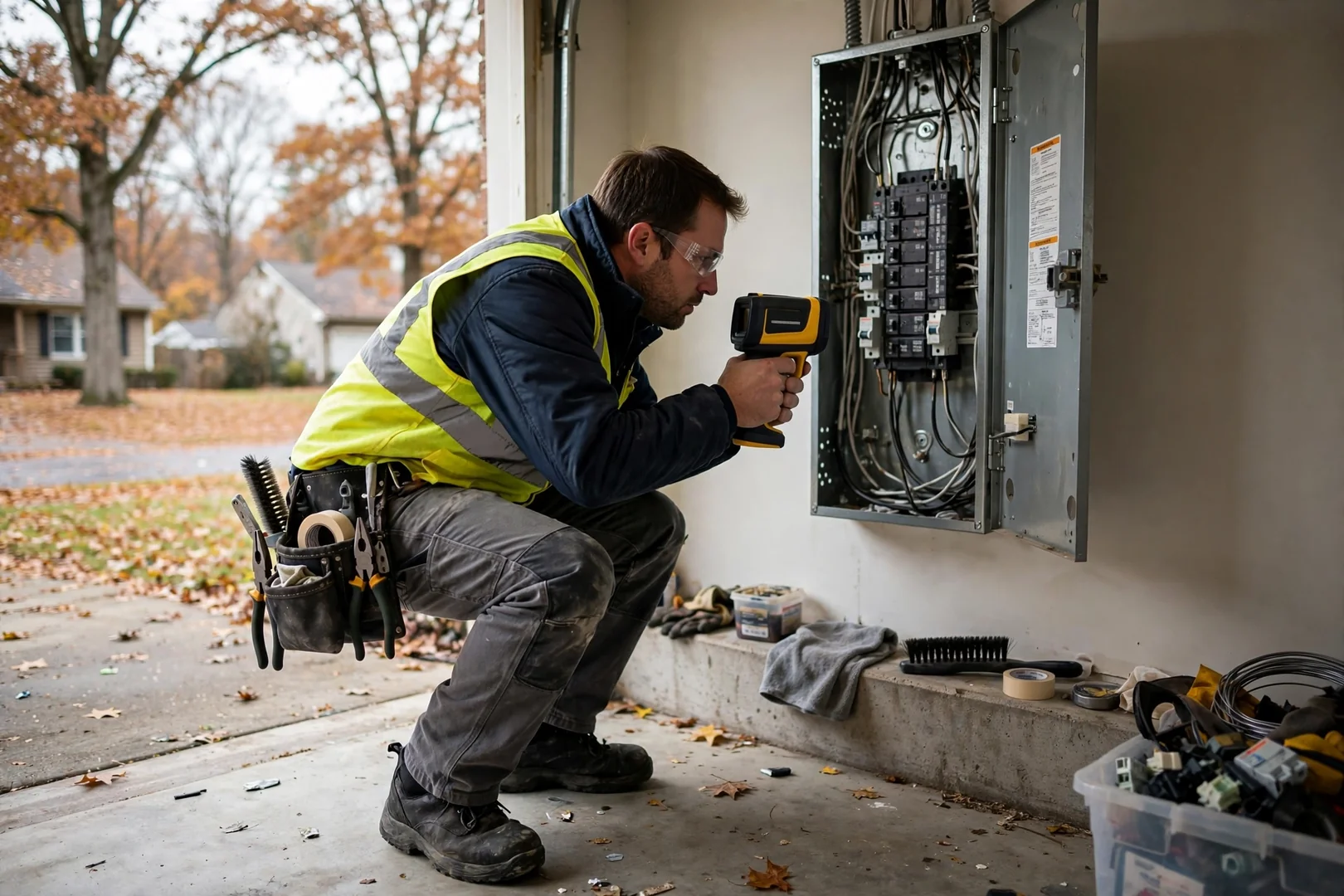 Thermal imaging camera scanning breaker panel for overheated connections in a suburban home