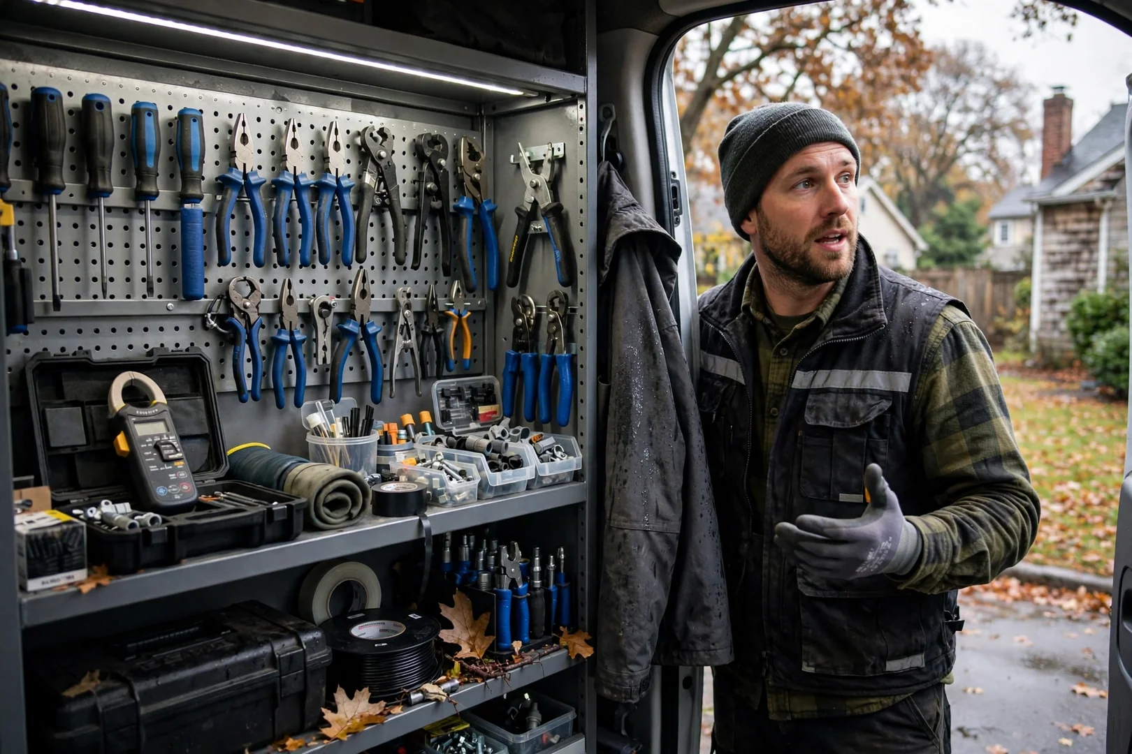 Insulated hand tools and clamp meter organized in a service van for electrical calls