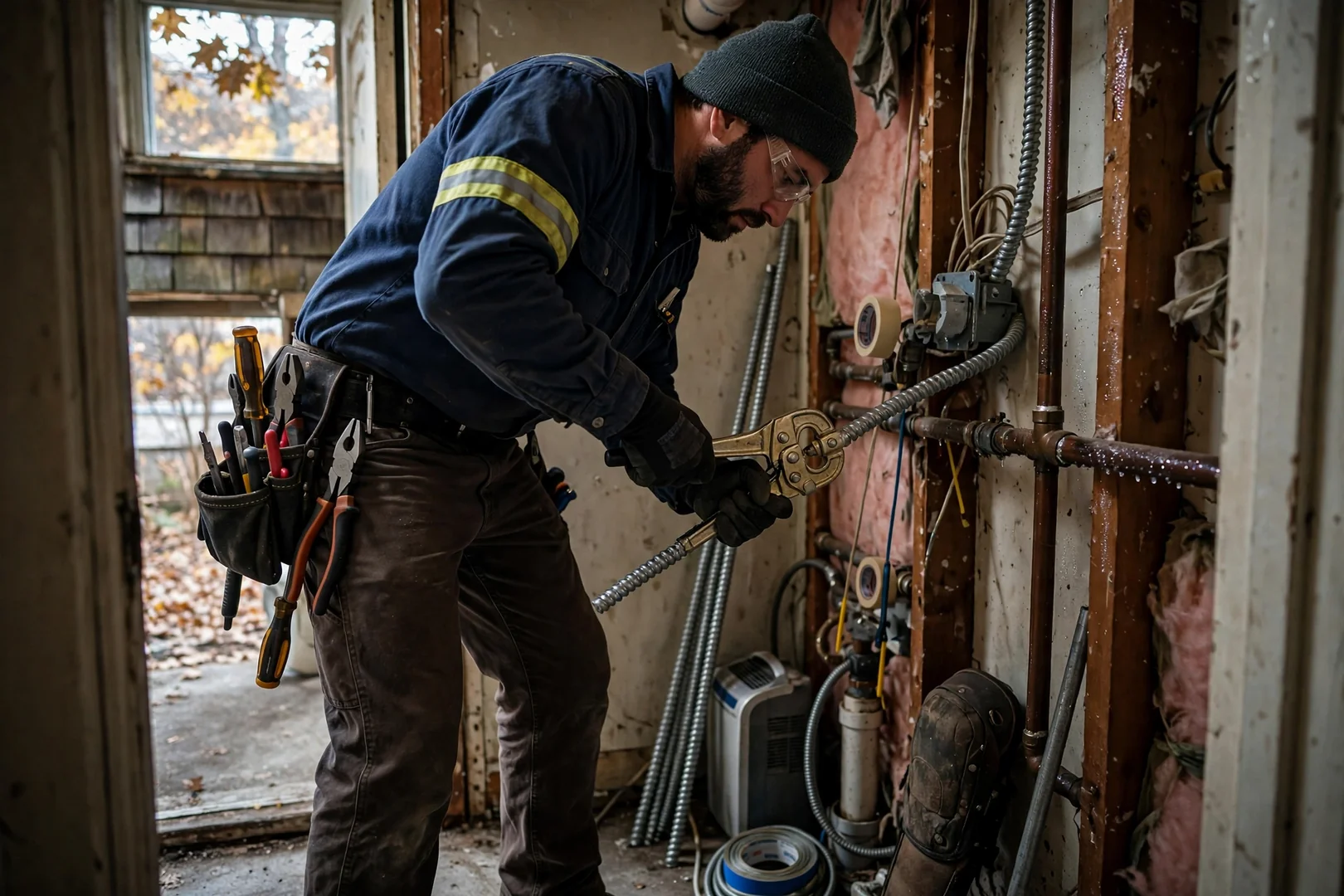 Electrician bending conduit inside a tight utility closet of an older Coram house
