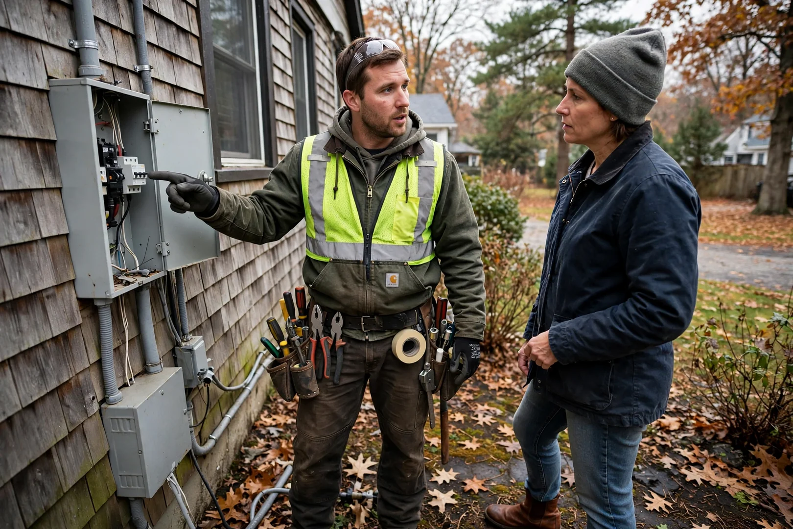 Electrician reviewing panel measurements with a homeowner while preparing a written estimate in Coram