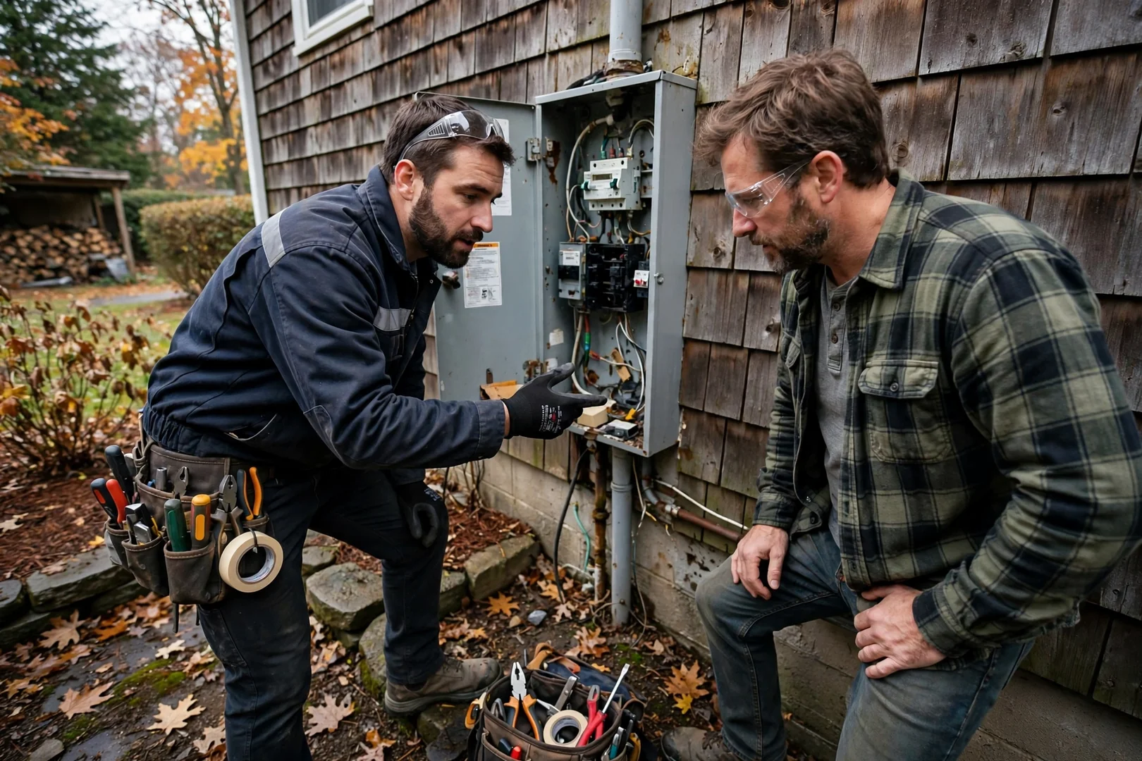 Electrician reviewing panel scope with homeowner at Coram home
