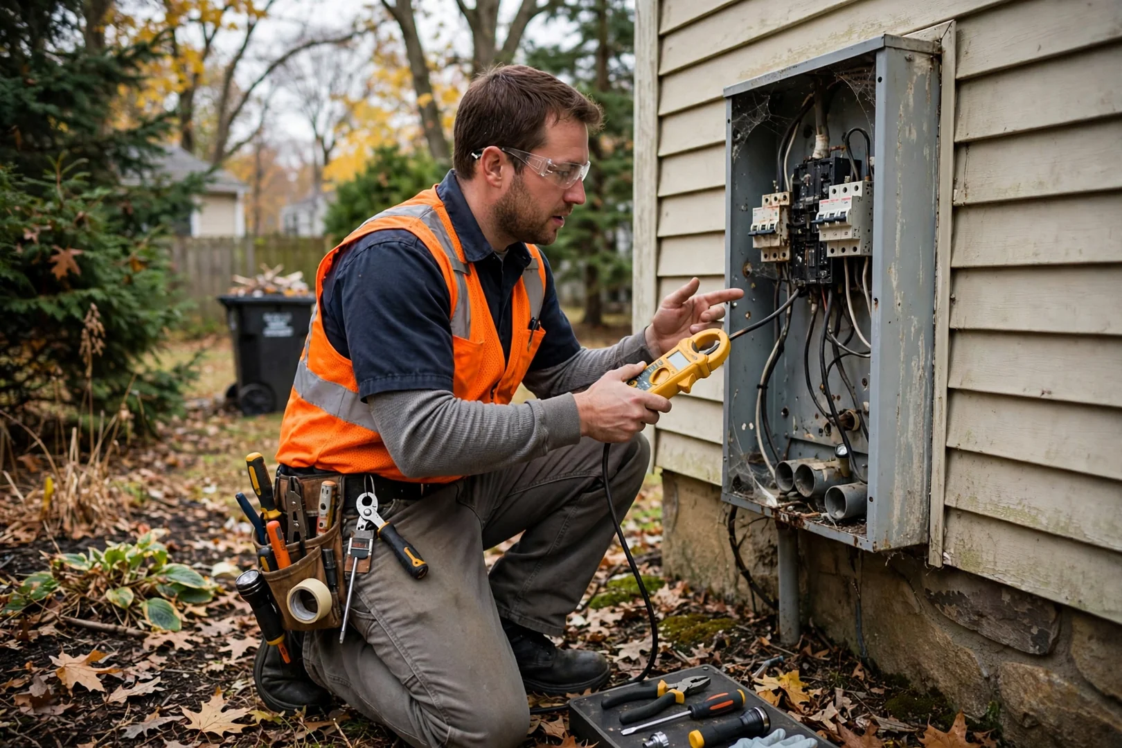 Electrician testing an aging residential service panel with a clamp meter in Coram