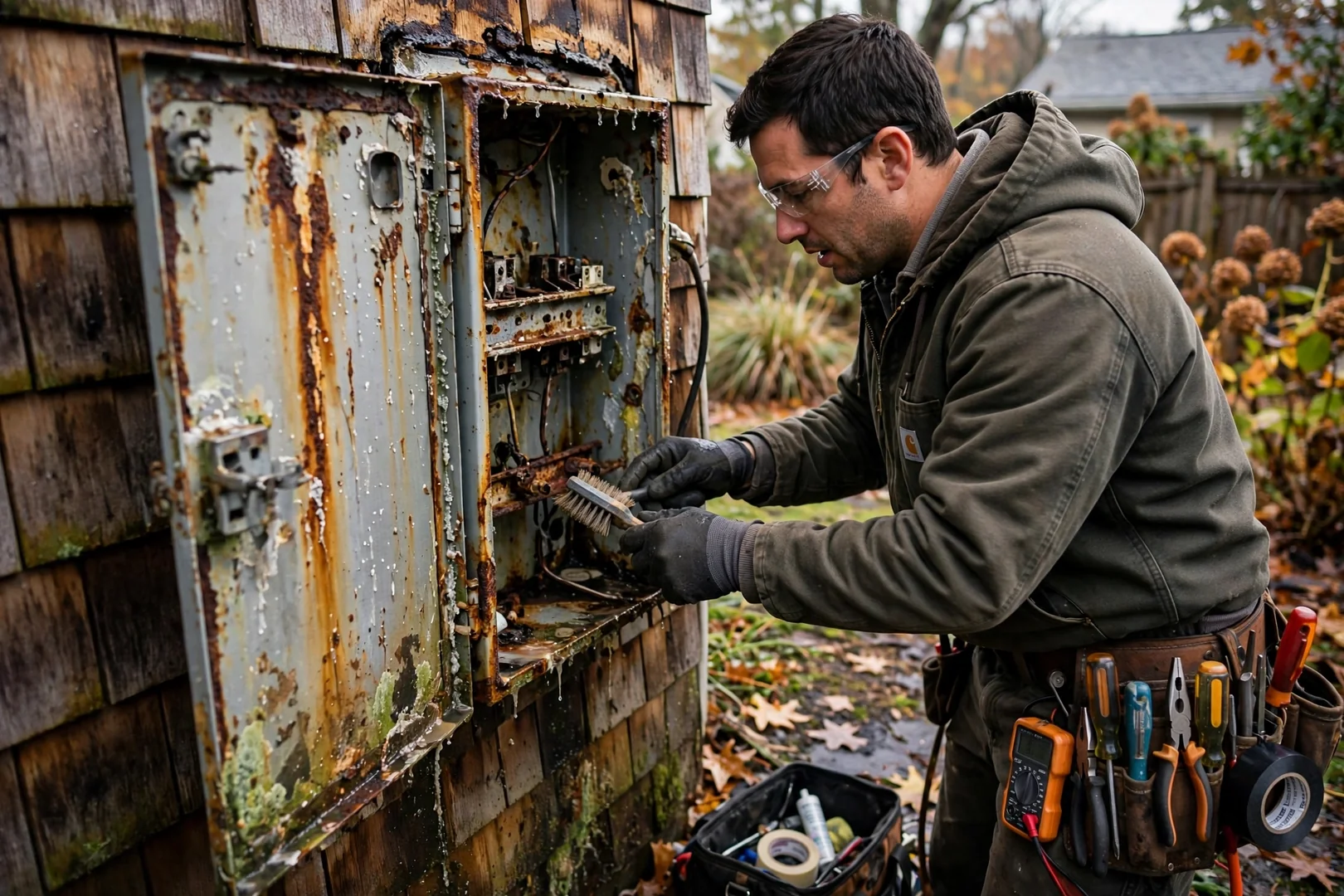 Corroded exterior electrical enclosure showing moisture damage after coastal storm exposure