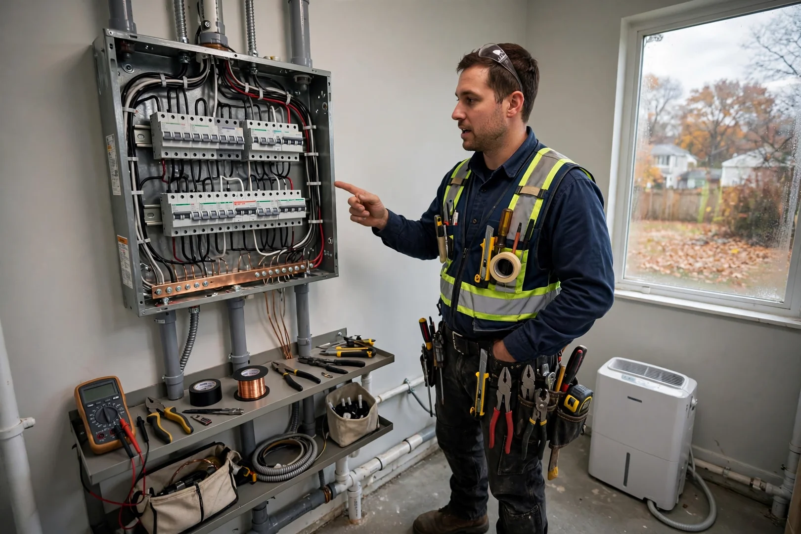 Upgraded 200-amp electrical panel with labeled breakers mounted in a clean utility room
