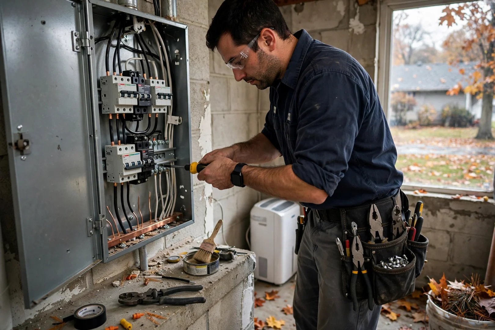 Electrician terminating branch circuit conductors inside a residential subpanel enclosure