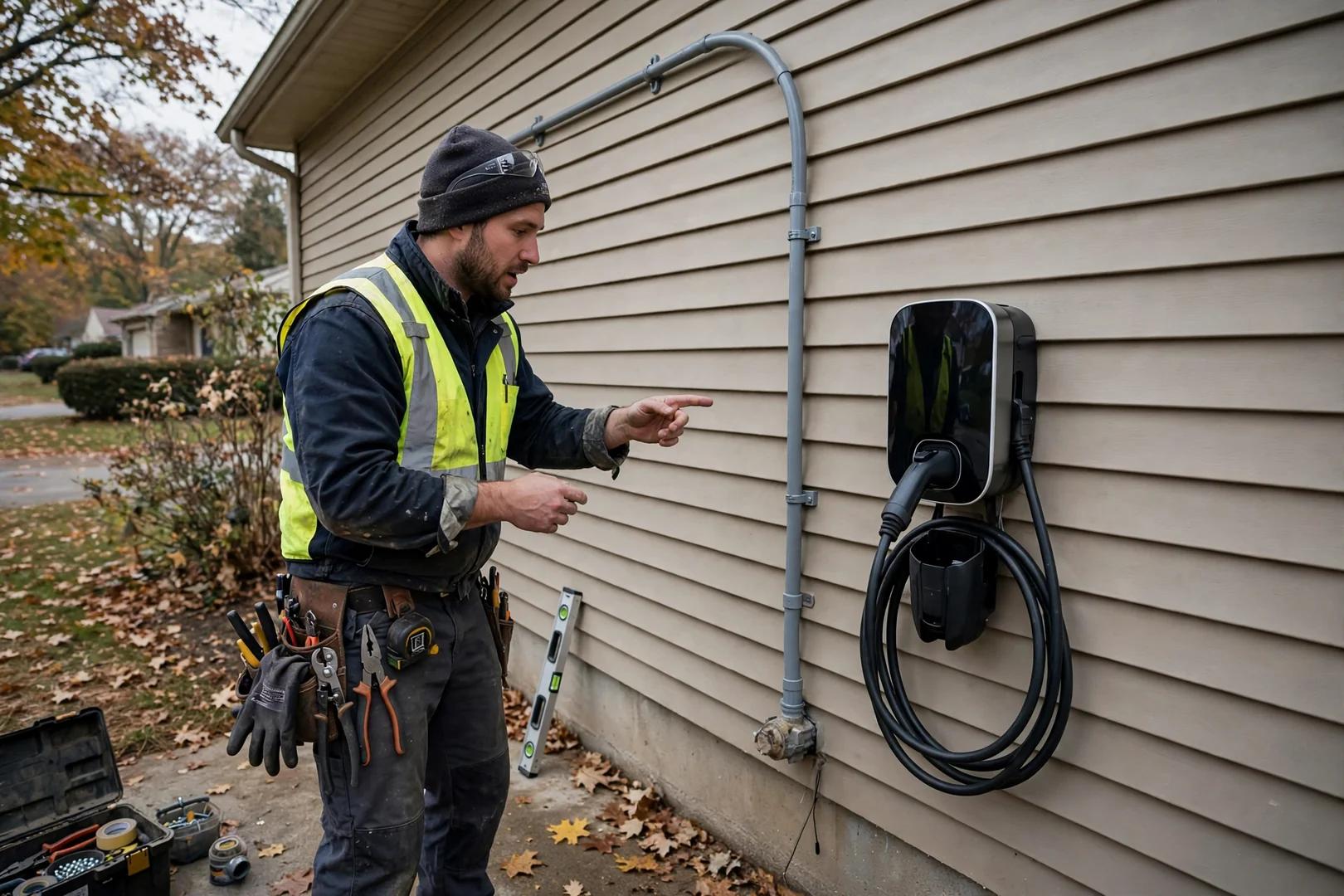 Newly installed EV charger on a suburban garage wall with tidy conduit run