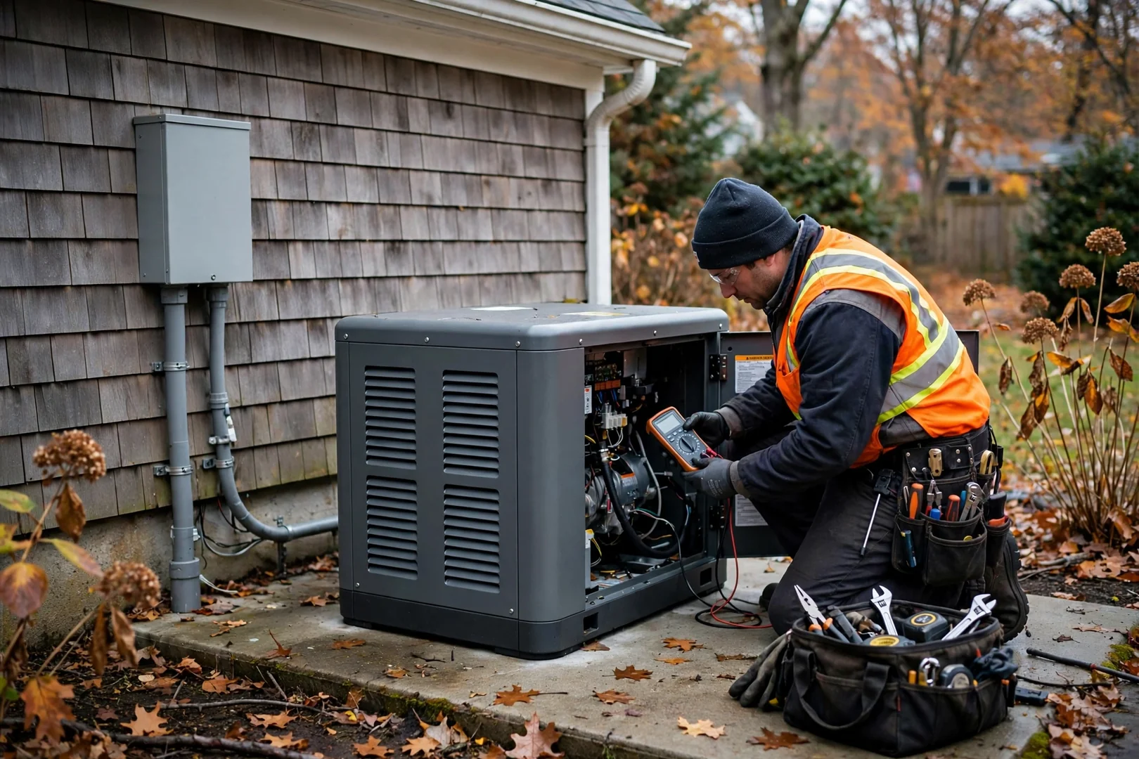 Standby generator set on a concrete pad beside a Long Island home with transfer switch
