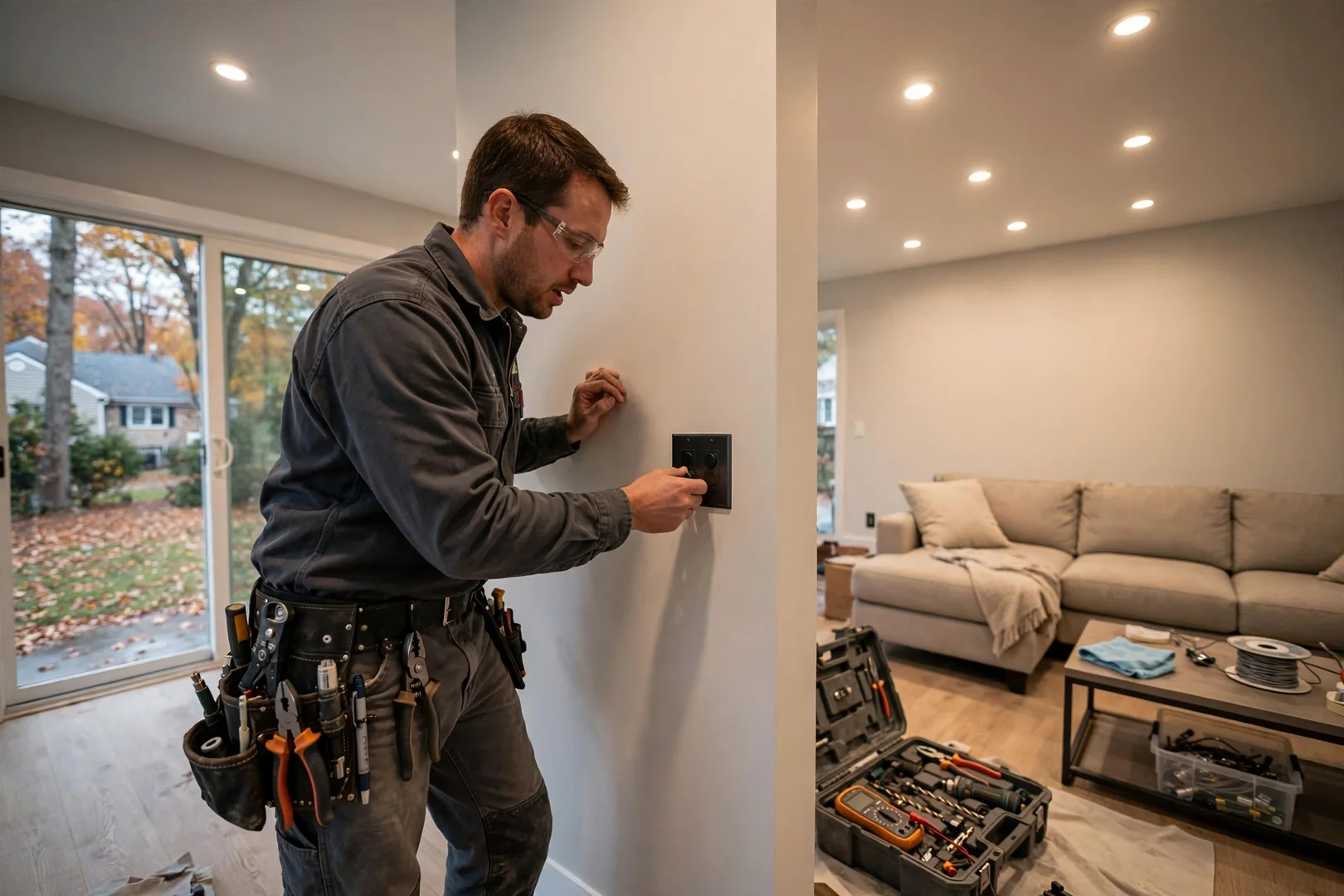 Recessed LED lighting layout finished in an open living area with dimmer controls