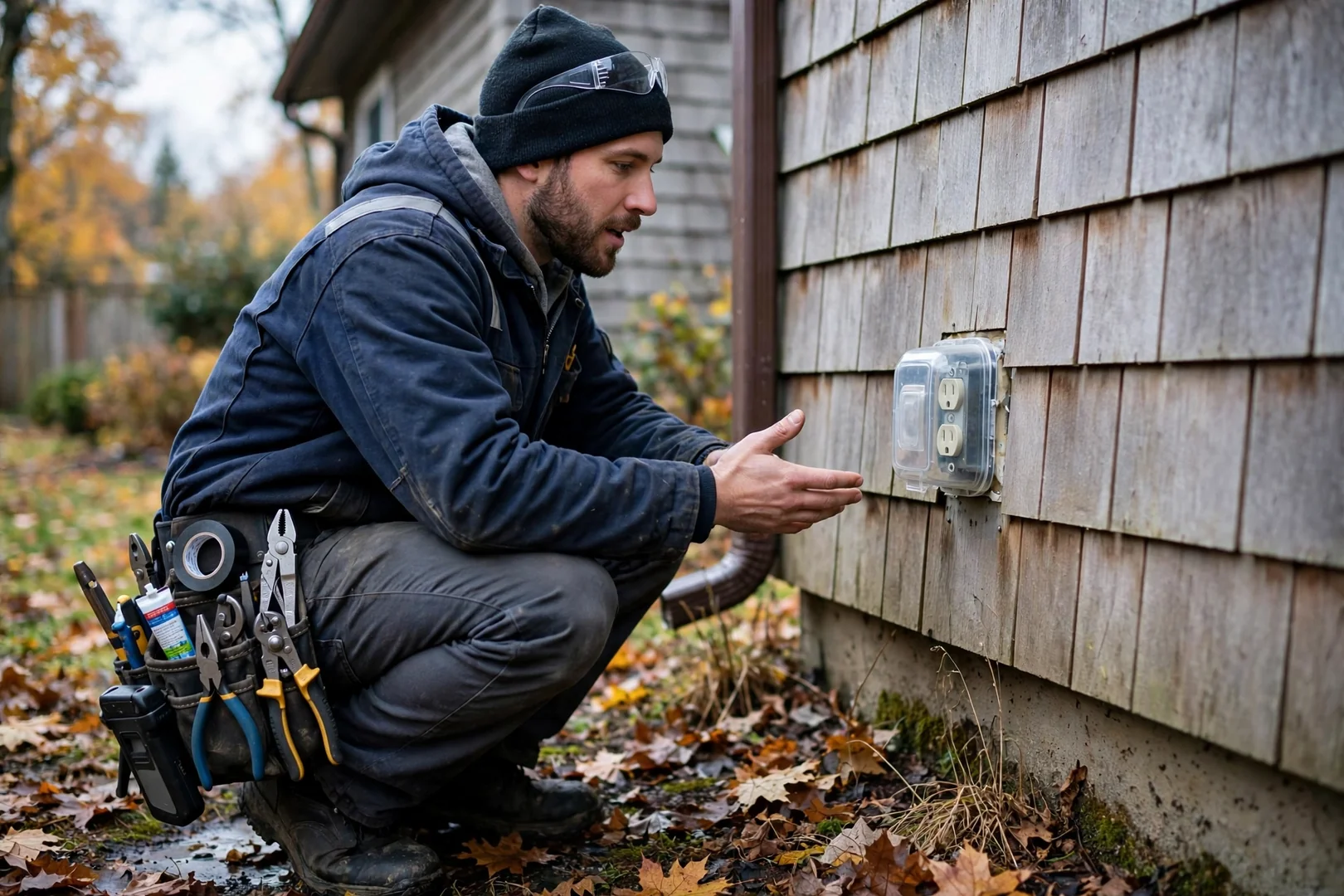 Weather-rated GFCI outlet installed on exterior siding with protective cover closed