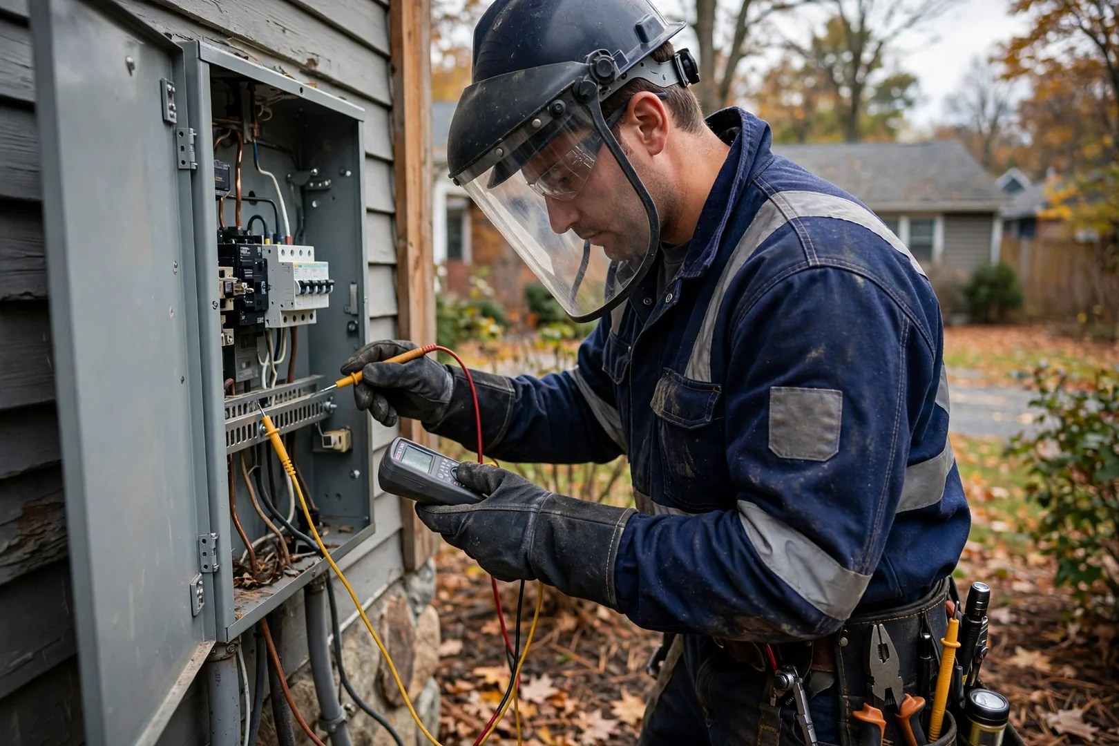 Electrician performing voltage test at residential service panel with arc-rated protective gear