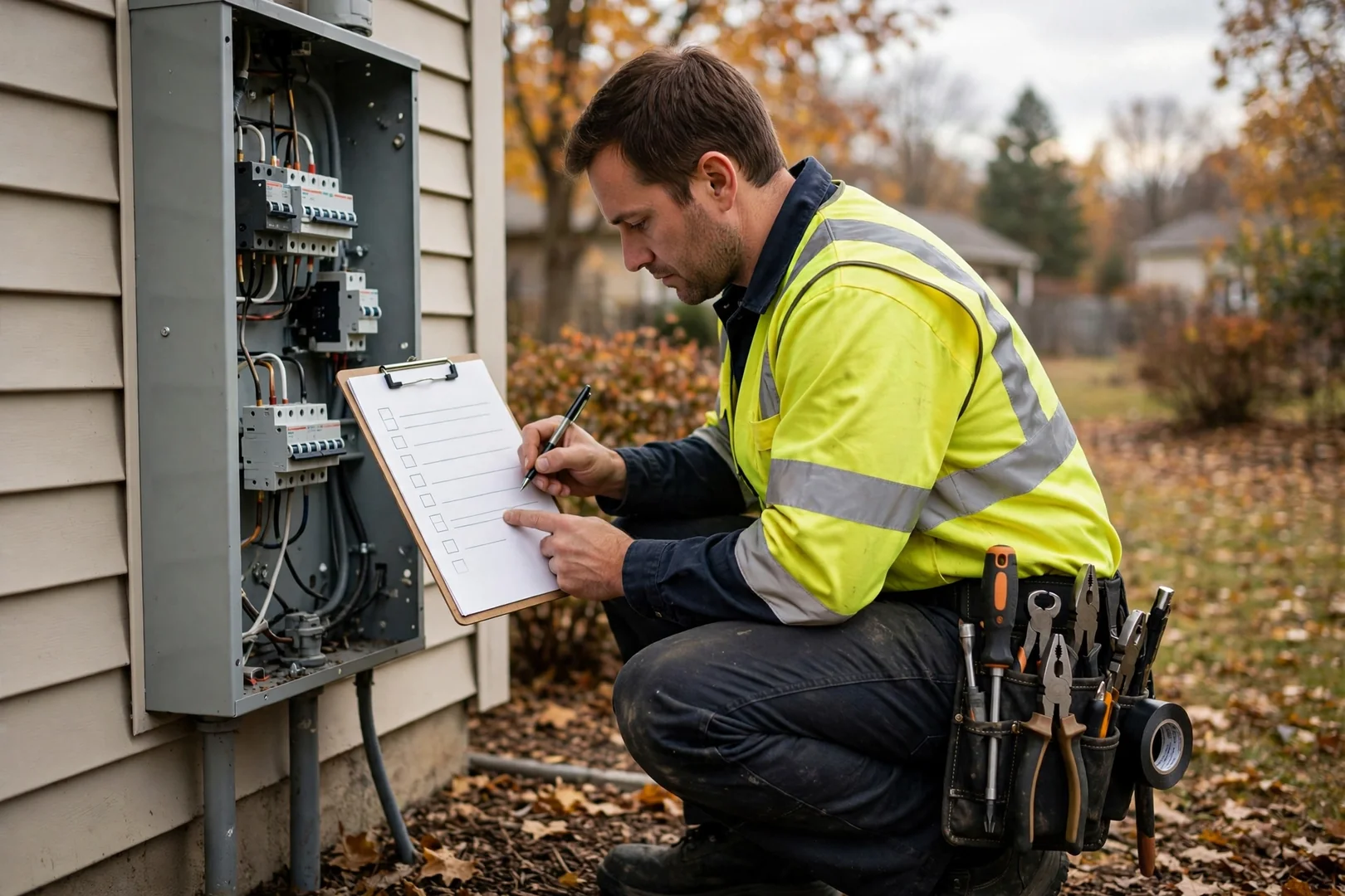 Technician recording torque values and breaker details on a written job checklist