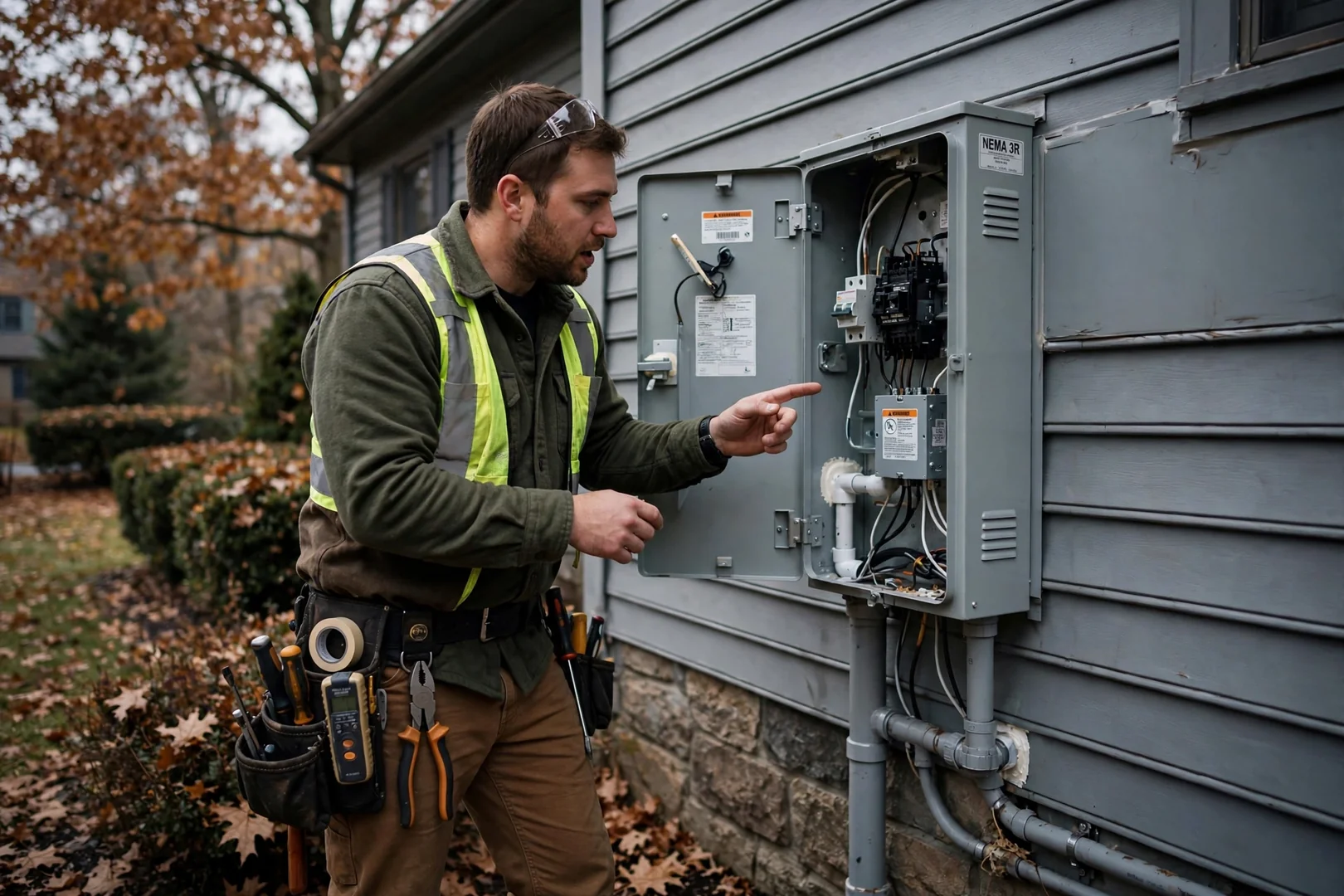 Weather-rated outdoor electrical enclosure installed on a Coram home exterior wall