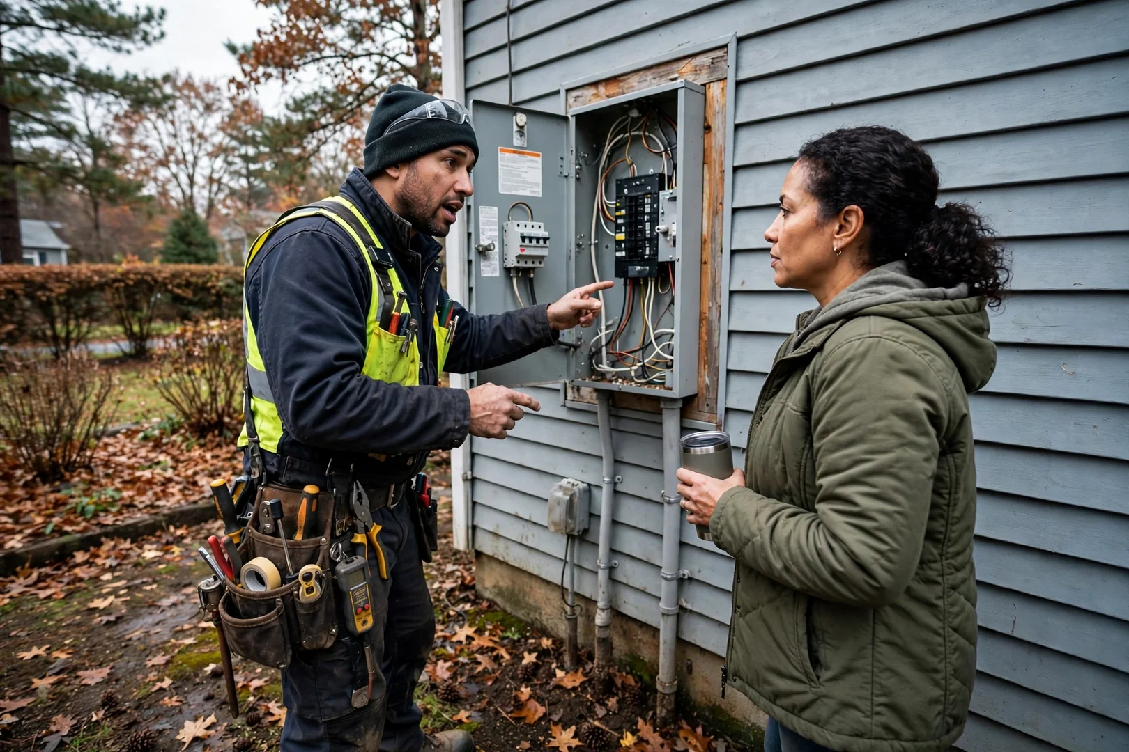 Electrician testing outlet circuits and reviewing findings with a Coram homeowner