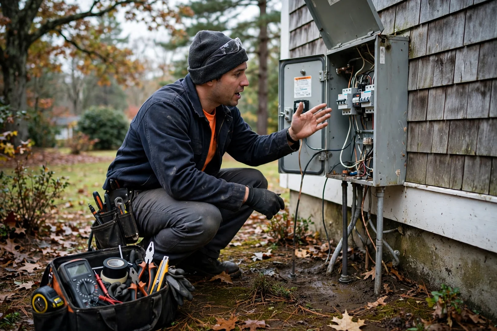 Electrician using a clamp meter to check circuit load in a residential basement