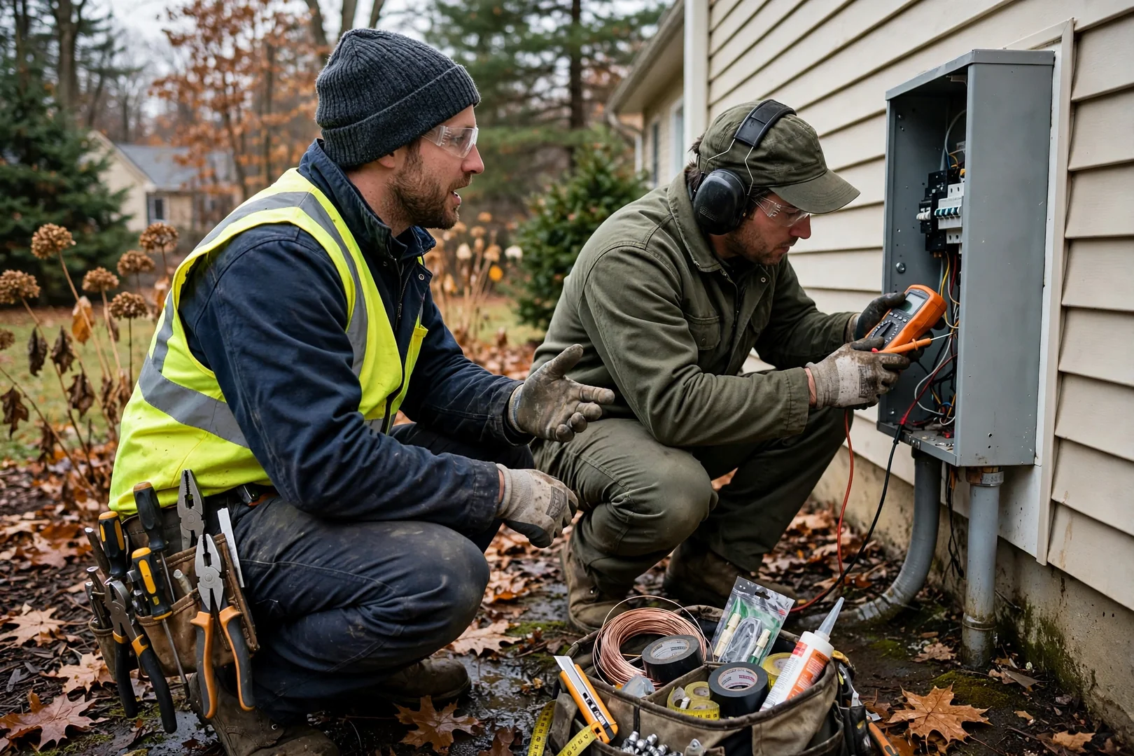 Electrician testing a residential panel with a multimeter during an emergency call