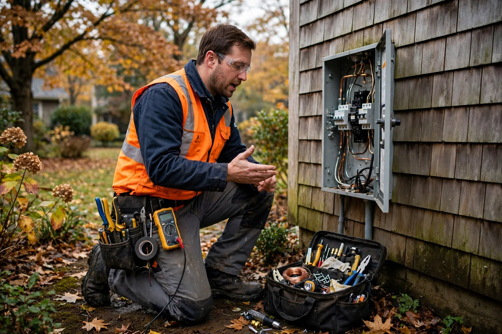 Electrician testing a residential service panel with a meter during an emergency call
