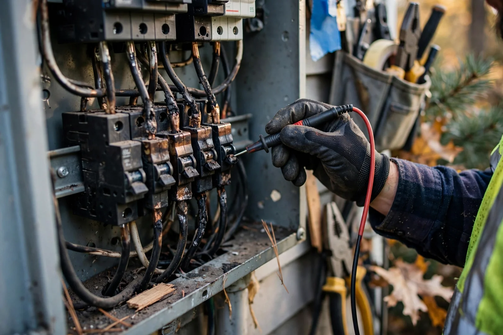 Close-up of scorched breaker lugs inside an opened residential electrical panel