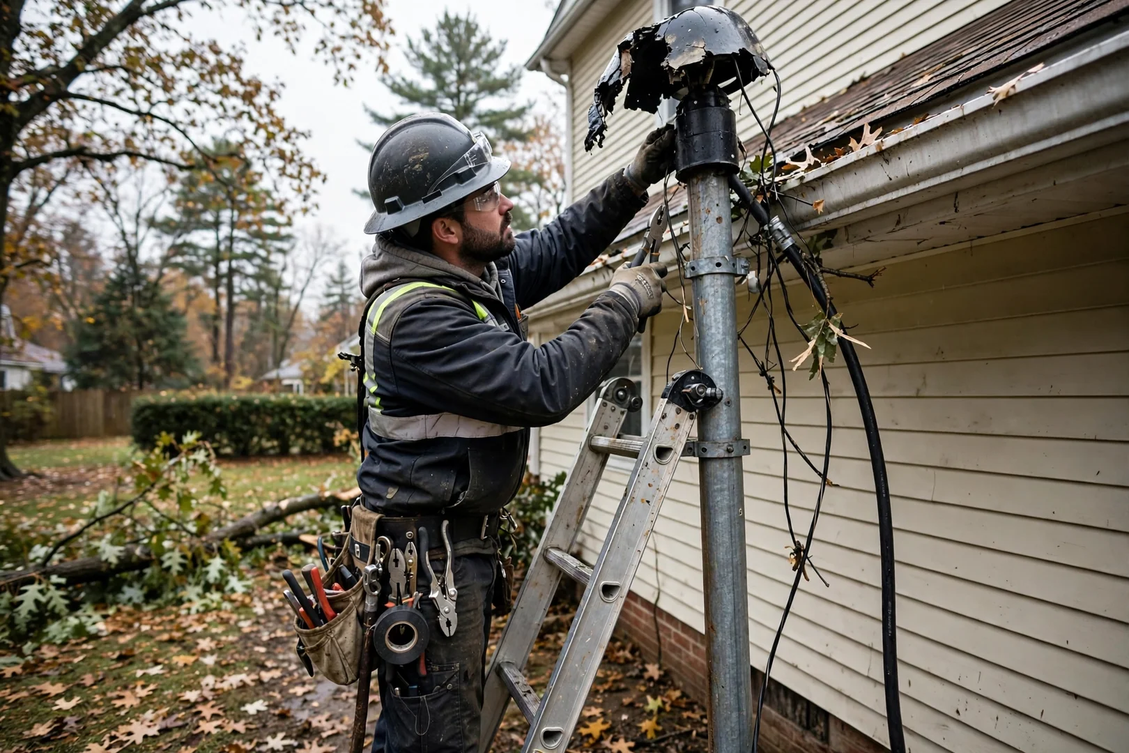 Electrician rebuilding a storm-damaged weatherhead on a Coram home service mast