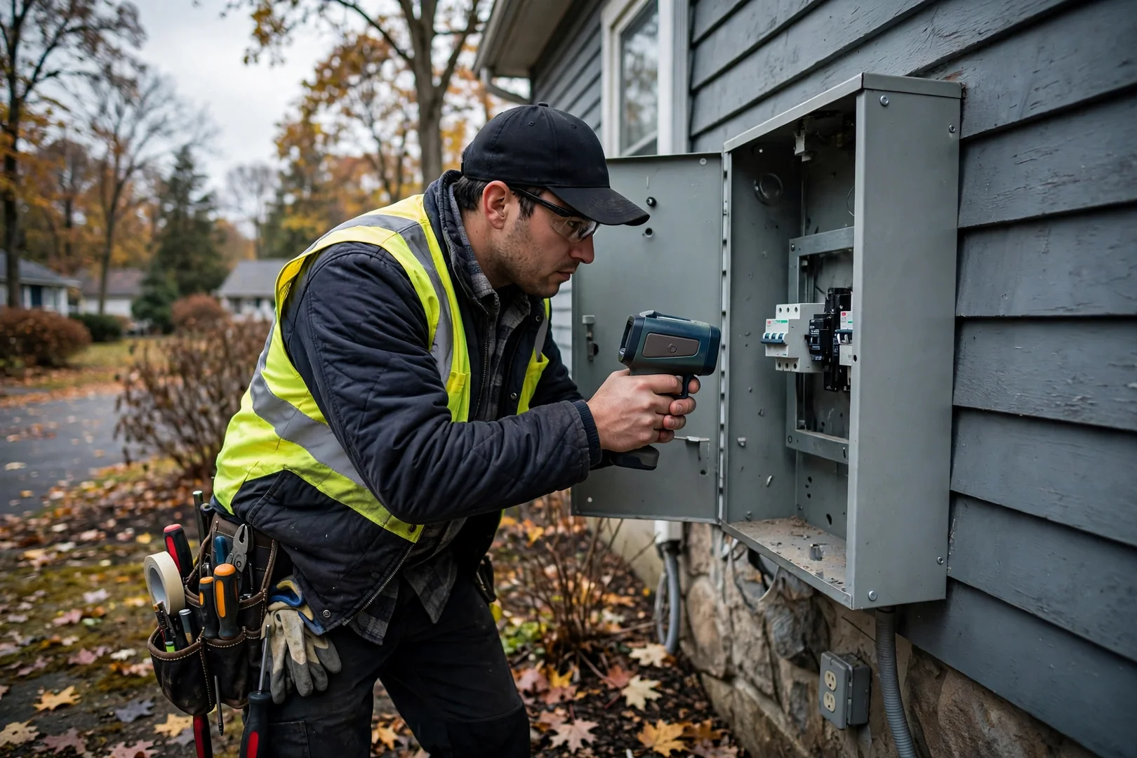 Thermal imaging camera scanning a panel to locate an overheating circuit connection