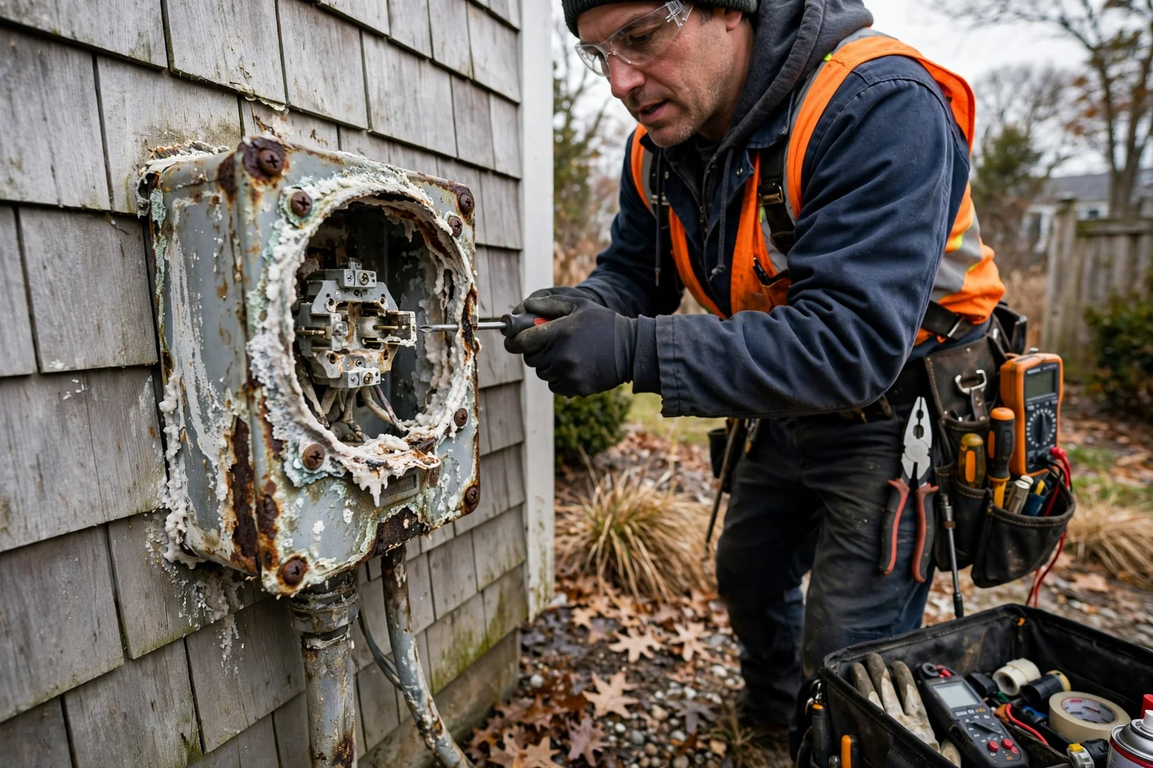 Corroded exterior meter socket showing salt air damage before emergency replacement