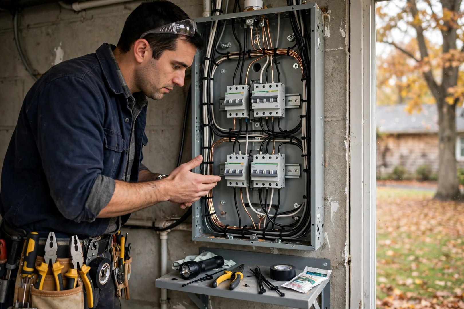Finished panel repair with labeled breakers and neatly dressed branch circuit conductors