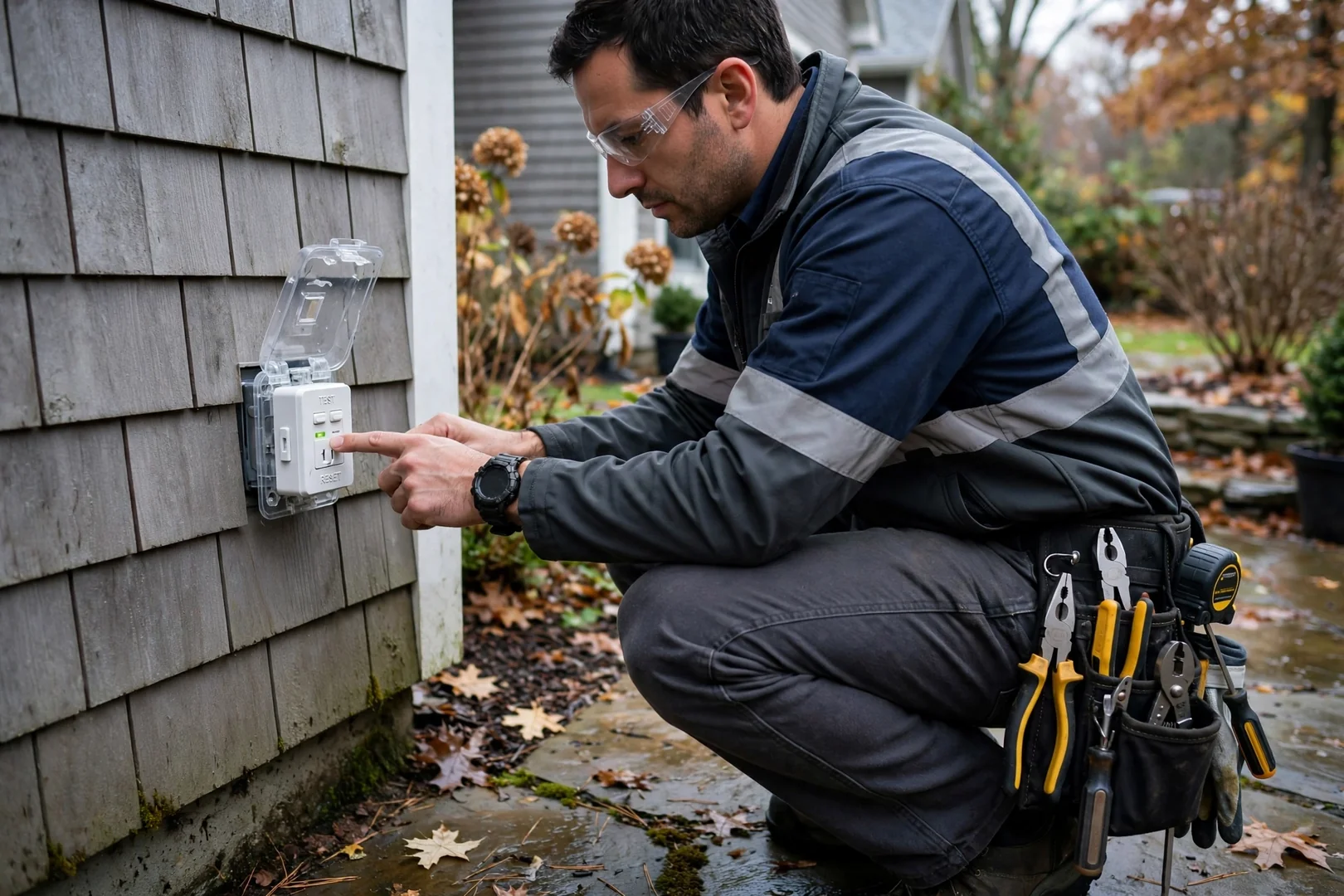 Technician testing a replaced GFCI outlet on an outdoor patio wall after repair