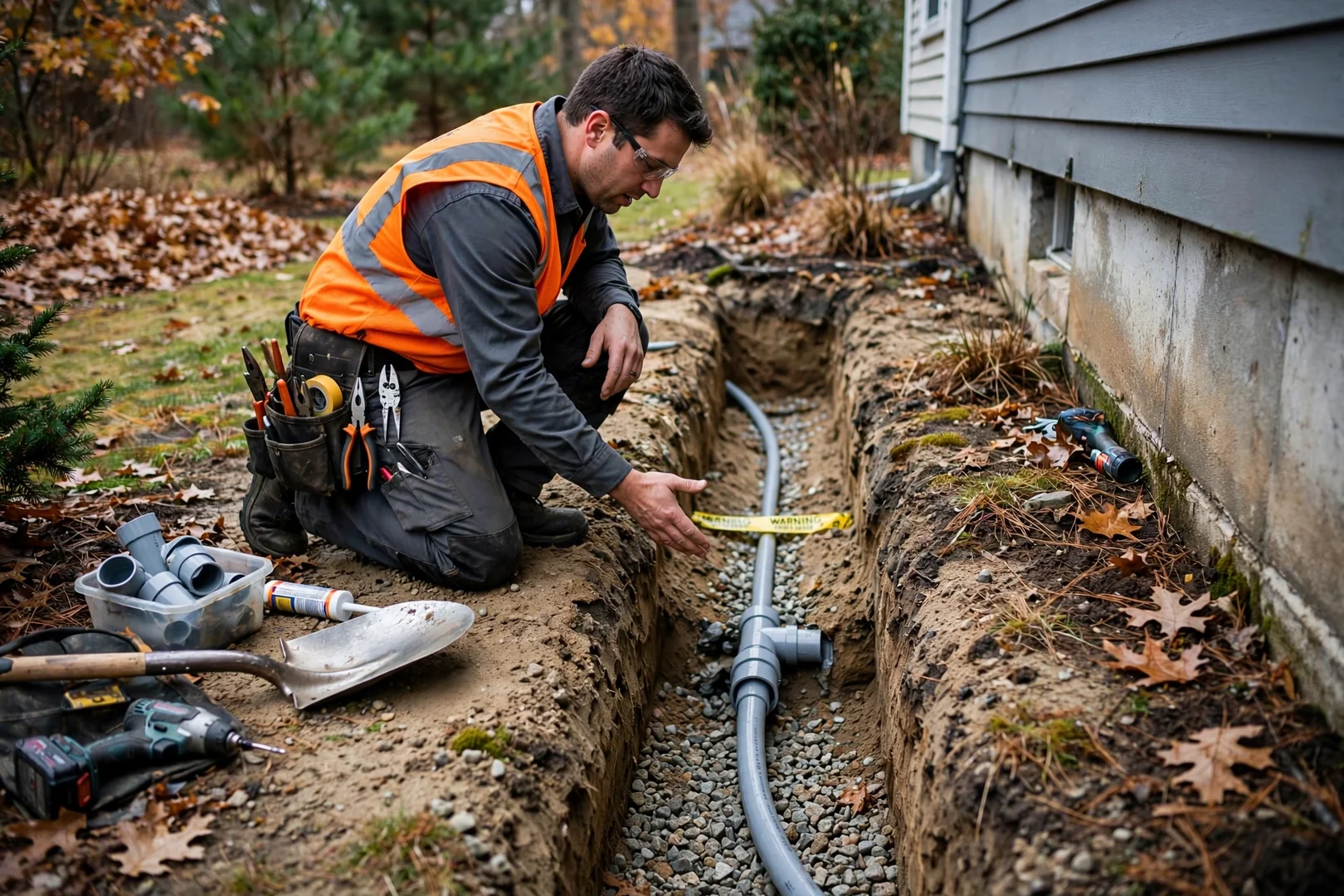 Repaired underground feeder conduit trench beside a residential foundation wall