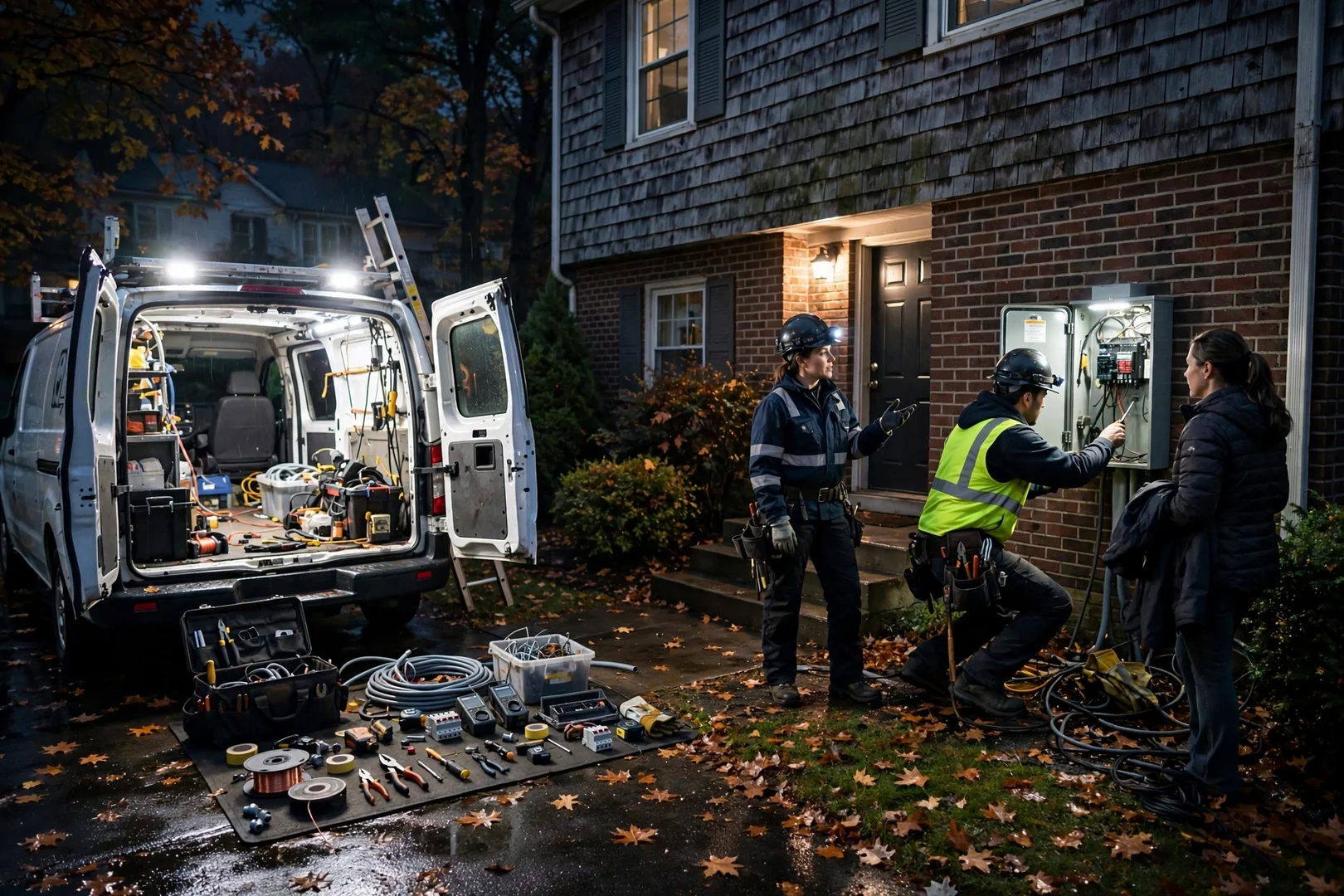 Service van and tools staged outside a split-level home during a night emergency call