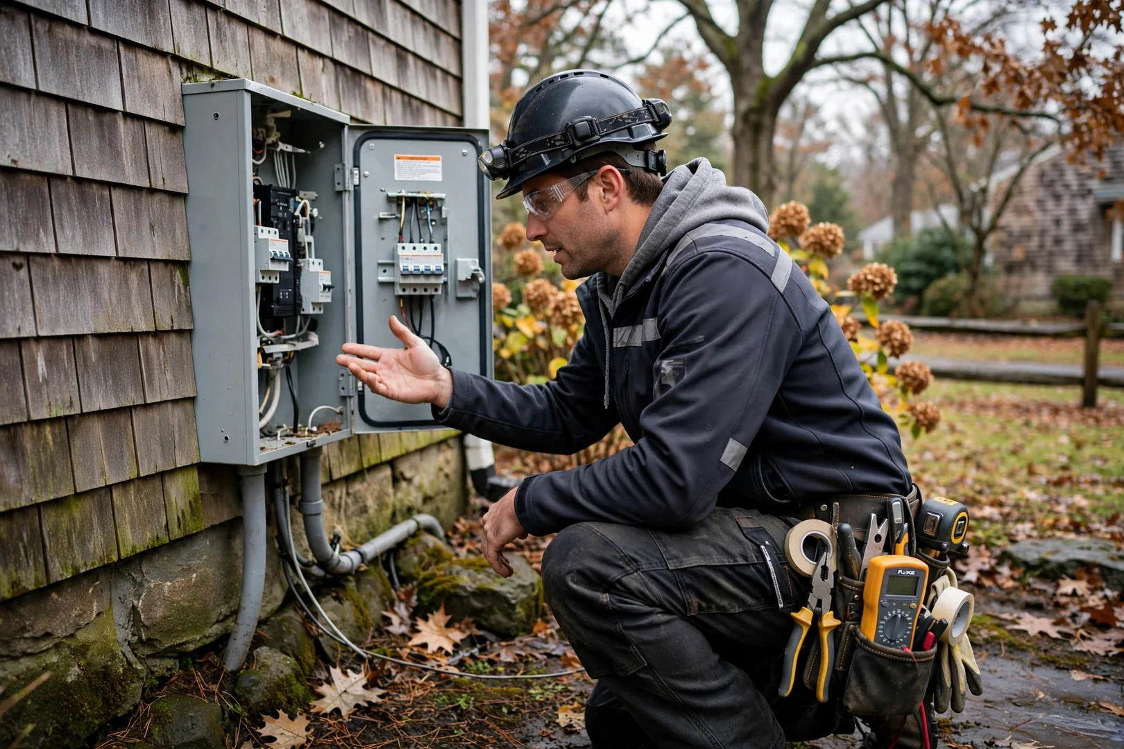 Electrician mounting a Level 2 EV charger in a Coram garage