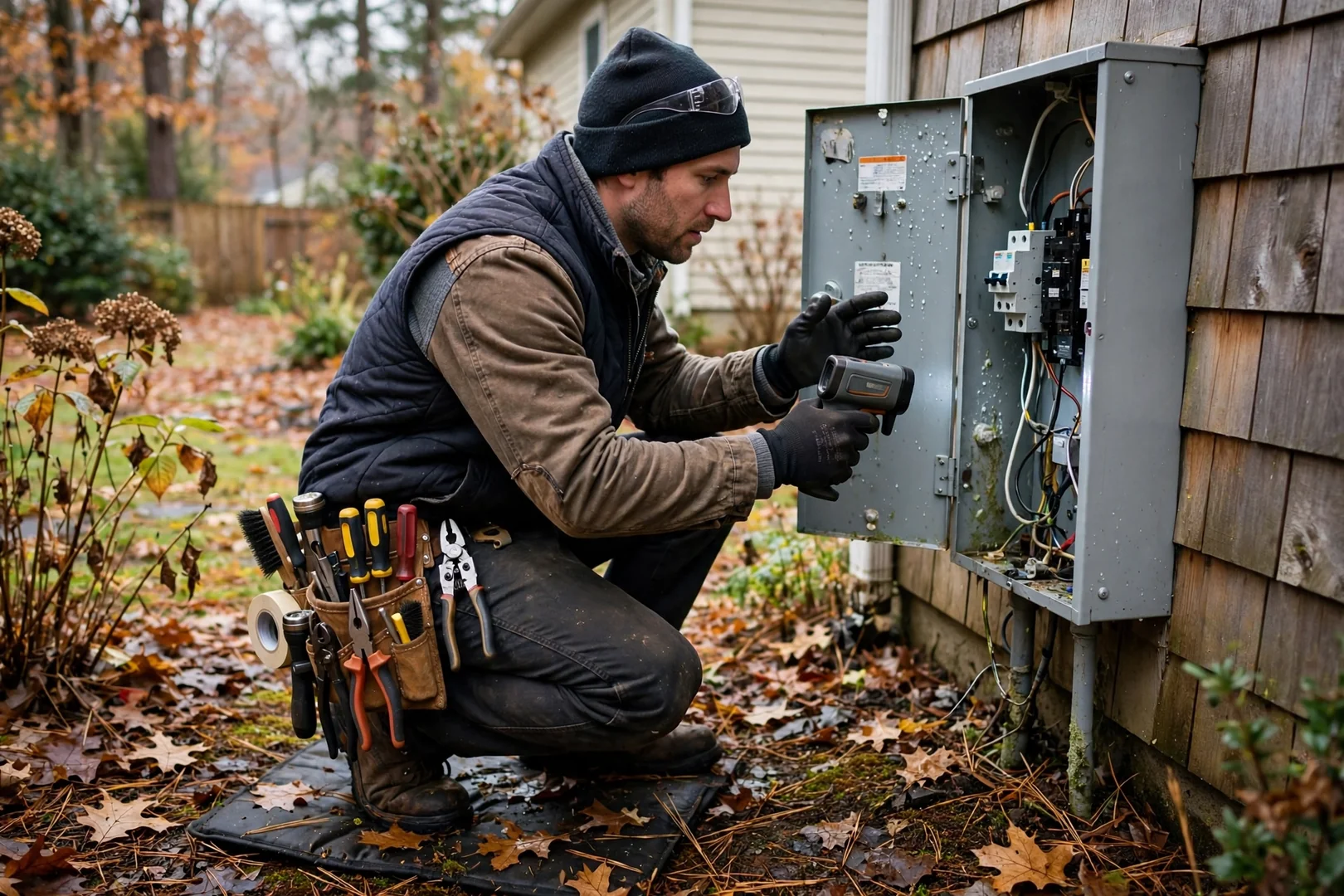Electrician mounting a Level 2 EV charger on a garage wall beside conduit