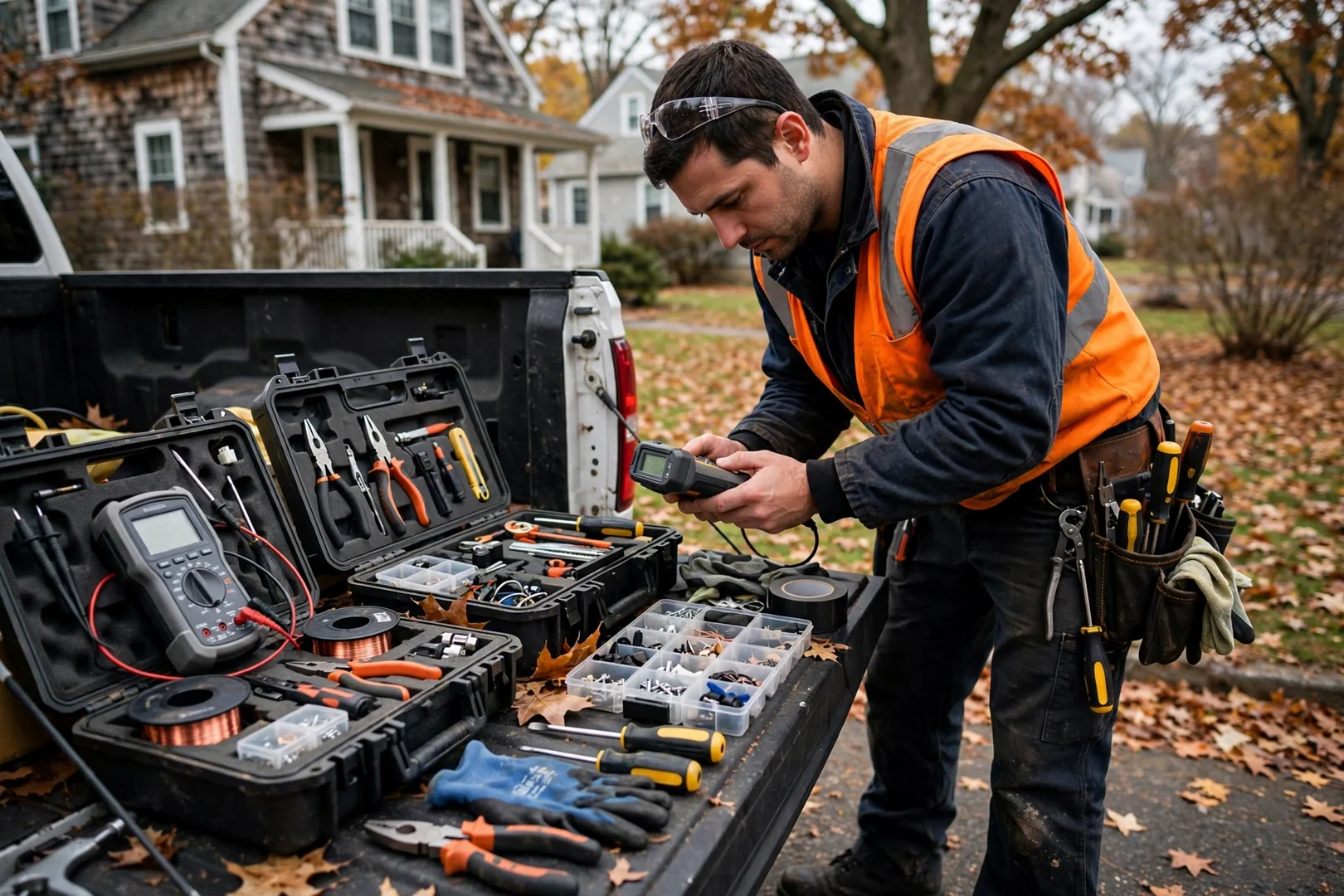 Coram Electrician Elite technician reviewing Electrician equipment in Coram, NY