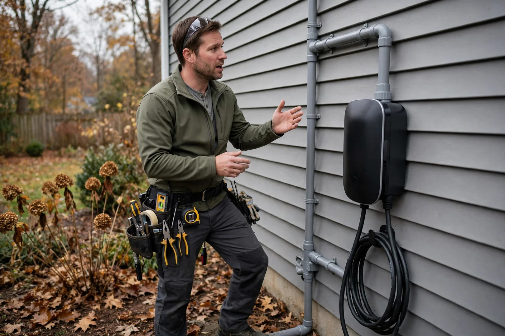 Weather rated conduit run along home siding feeding an outdoor charging station
