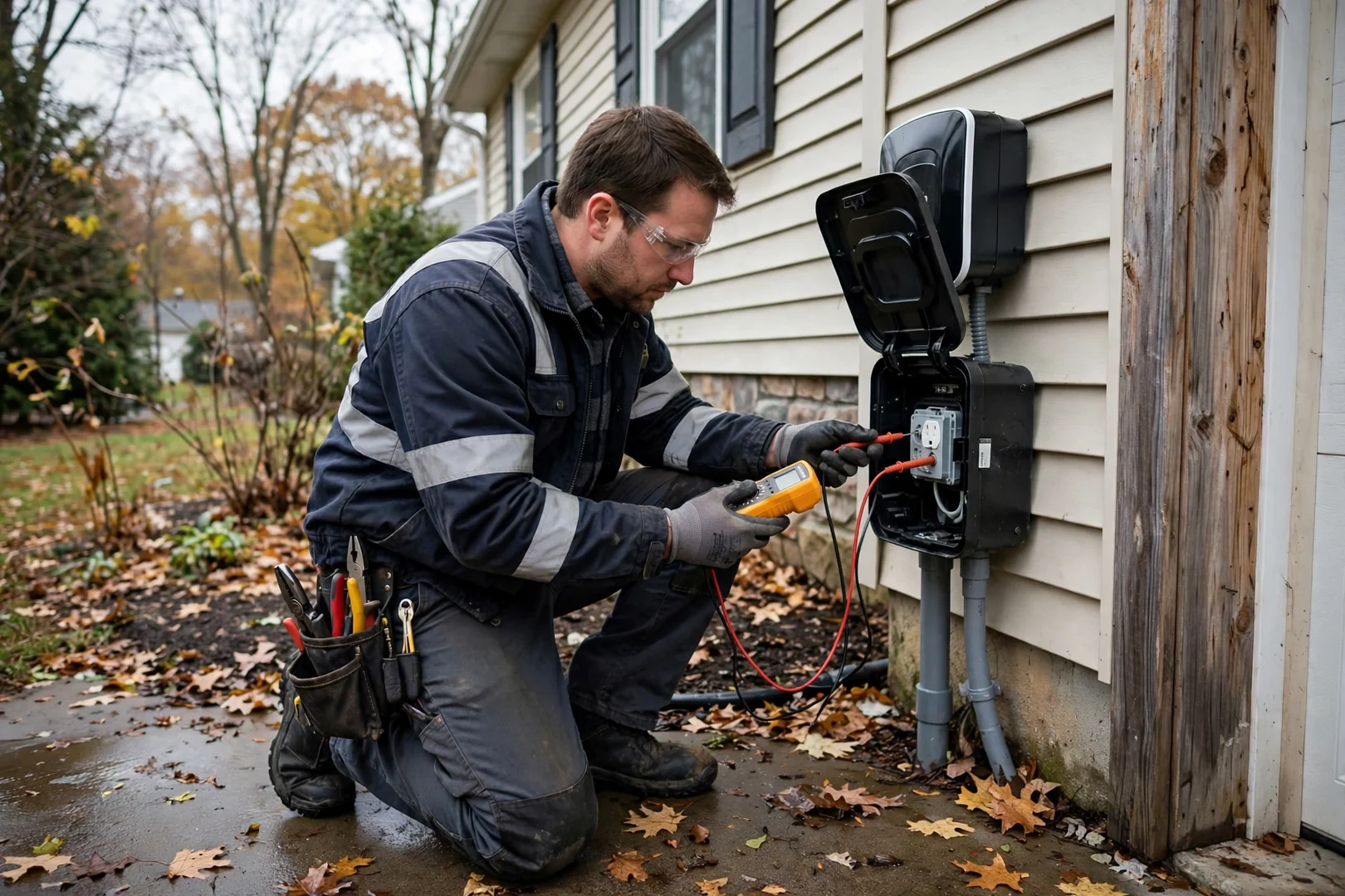 Electrician testing voltage at a newly energized EV charger receptacle