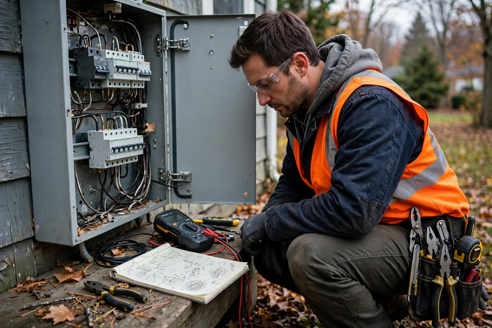 Load calculation notes and meter resting beside an open residential electrical panel