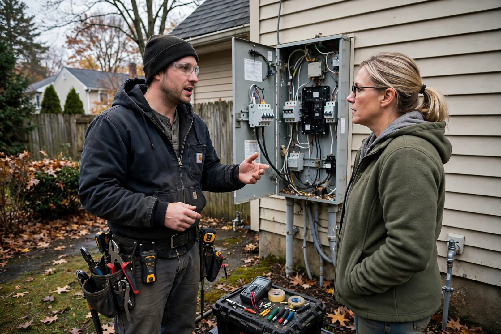 Technician measuring generator pad clearance beside a Coram home exterior
