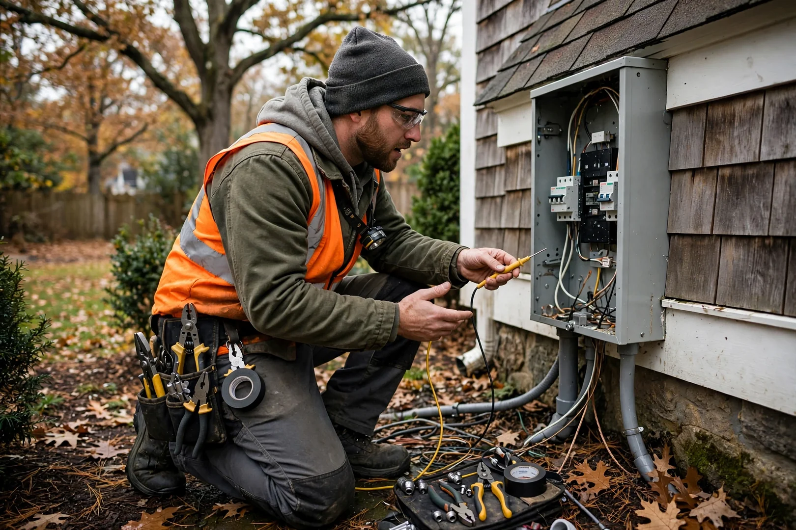 Electrician wiring a standby generator transfer switch beside a Coram home exterior