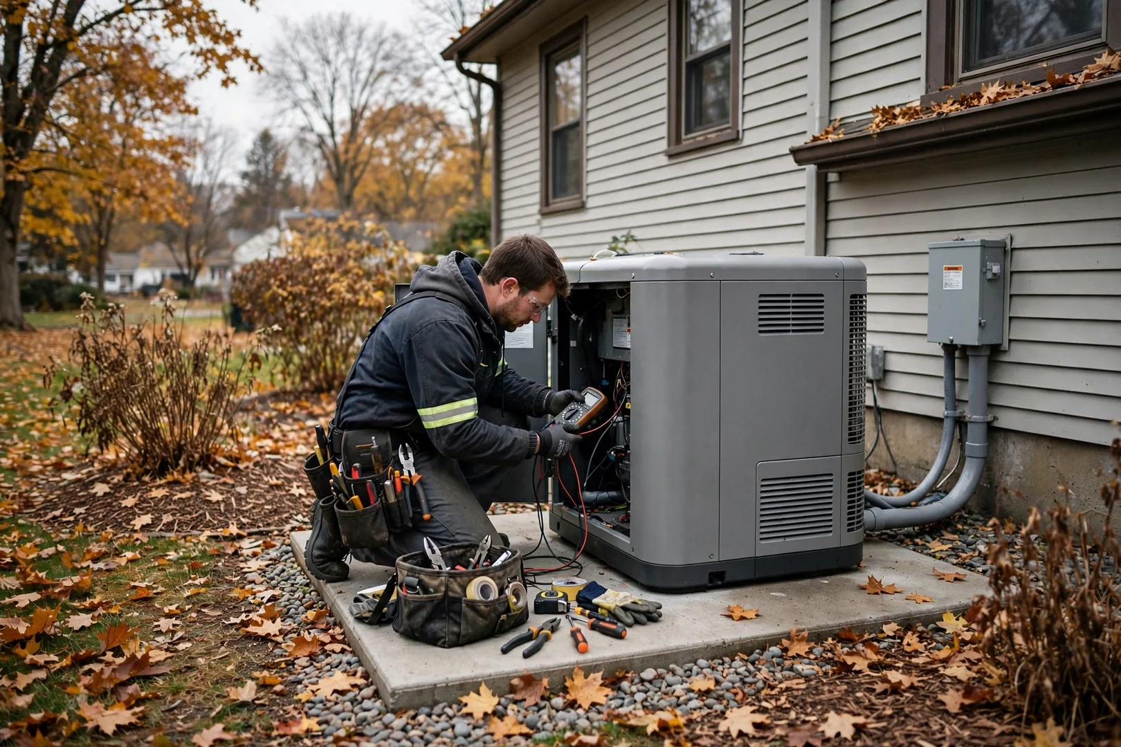Standby generator installed on a level concrete pad beside a suburban home