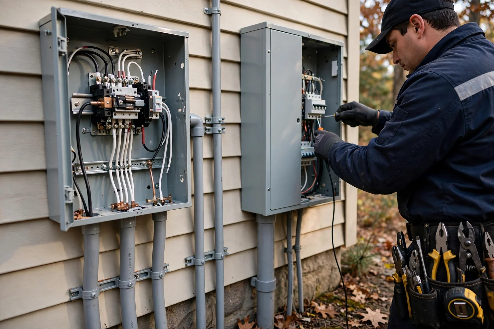 Close-up of automatic transfer switch mounted next to an exterior service panel