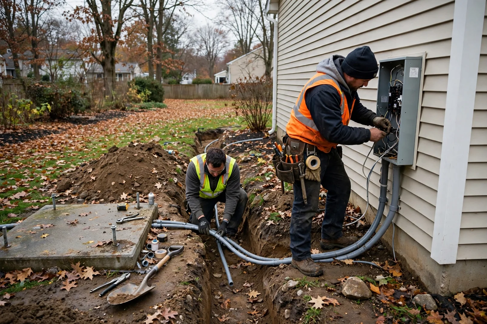 Trenched conduit run connecting generator pad to home electrical panel