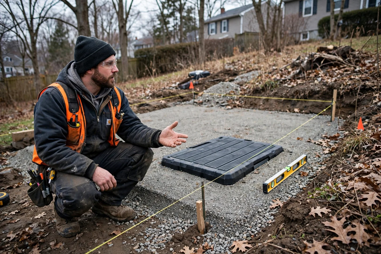 Gravel base and composite pad prepared for a new backup generator