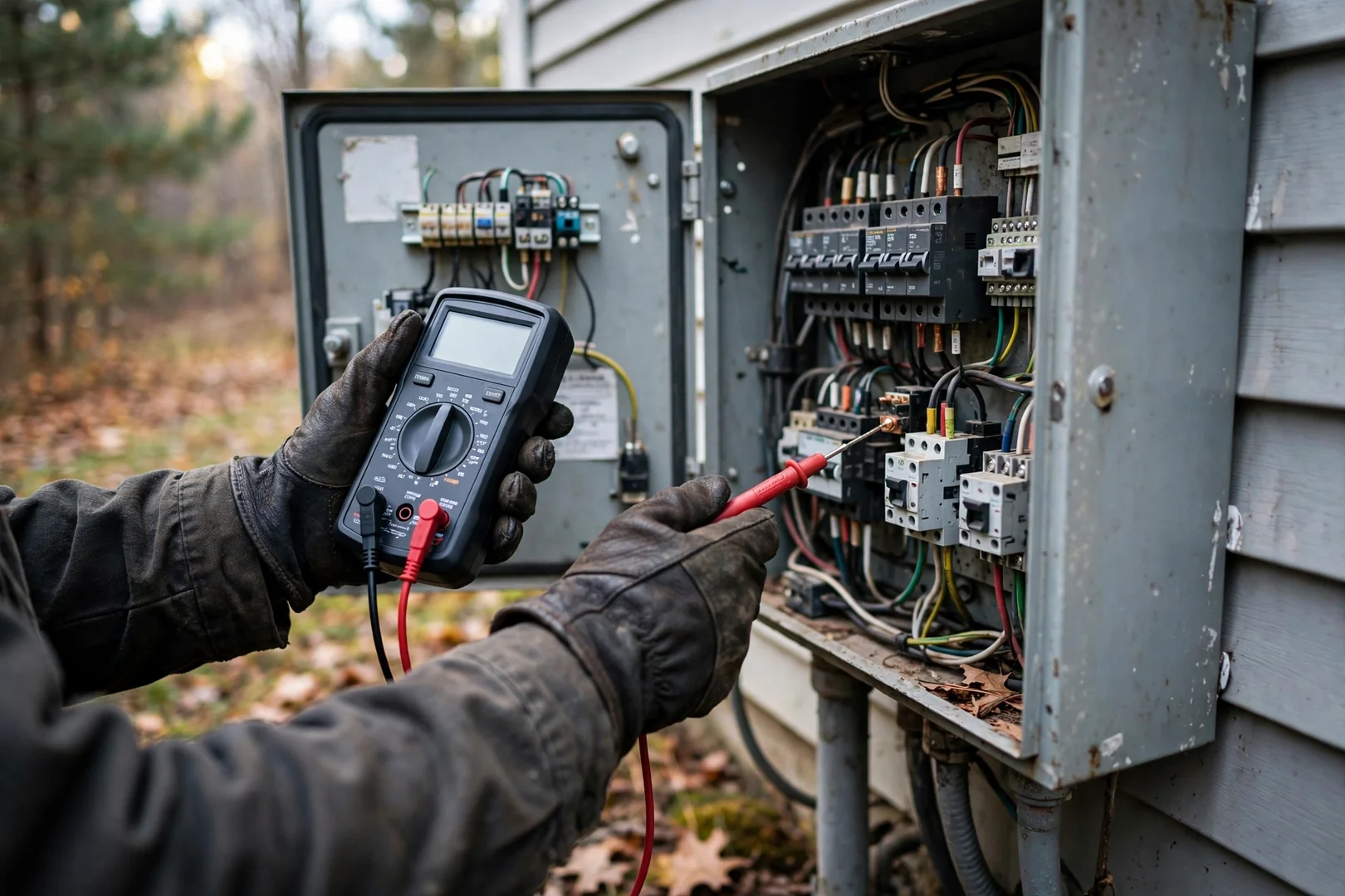 Electrician testing generator output during a simulated power outage