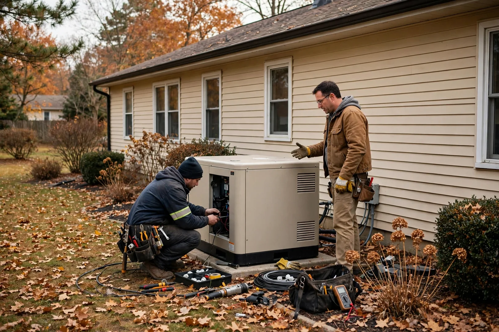 Backup generator set behind a ranch home with clear exhaust spacing