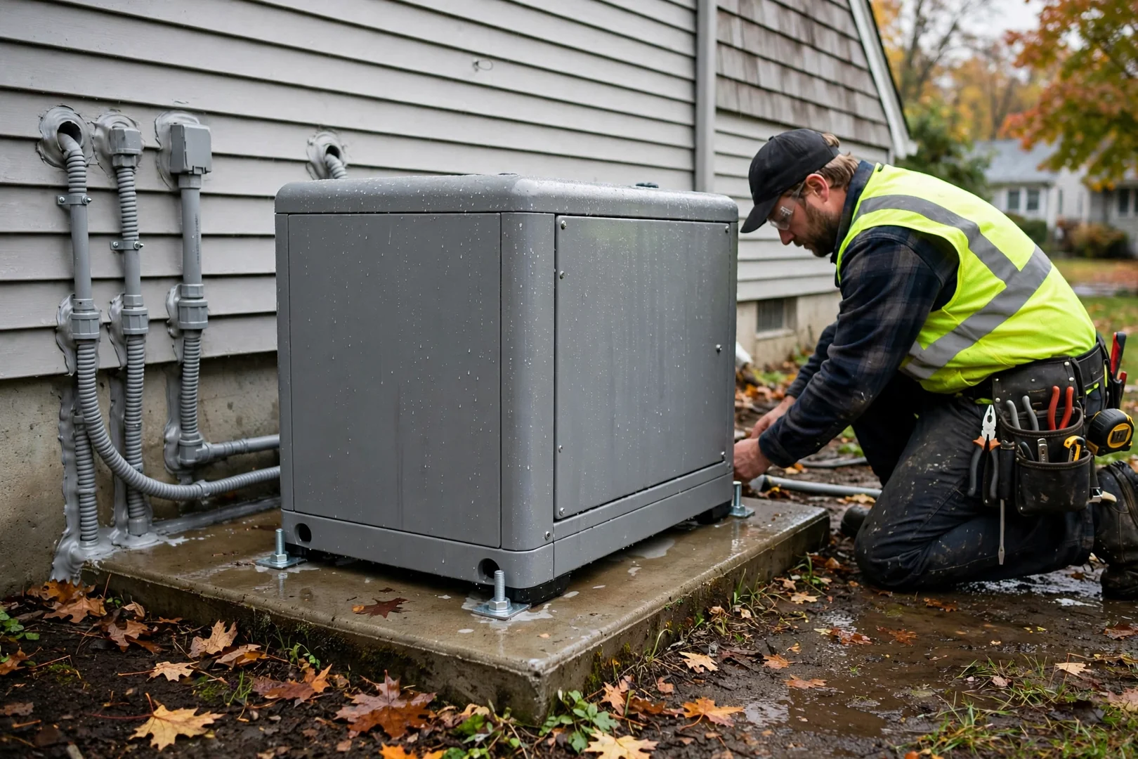 Finished generator installation with sealed conduit and weatherproof fittings