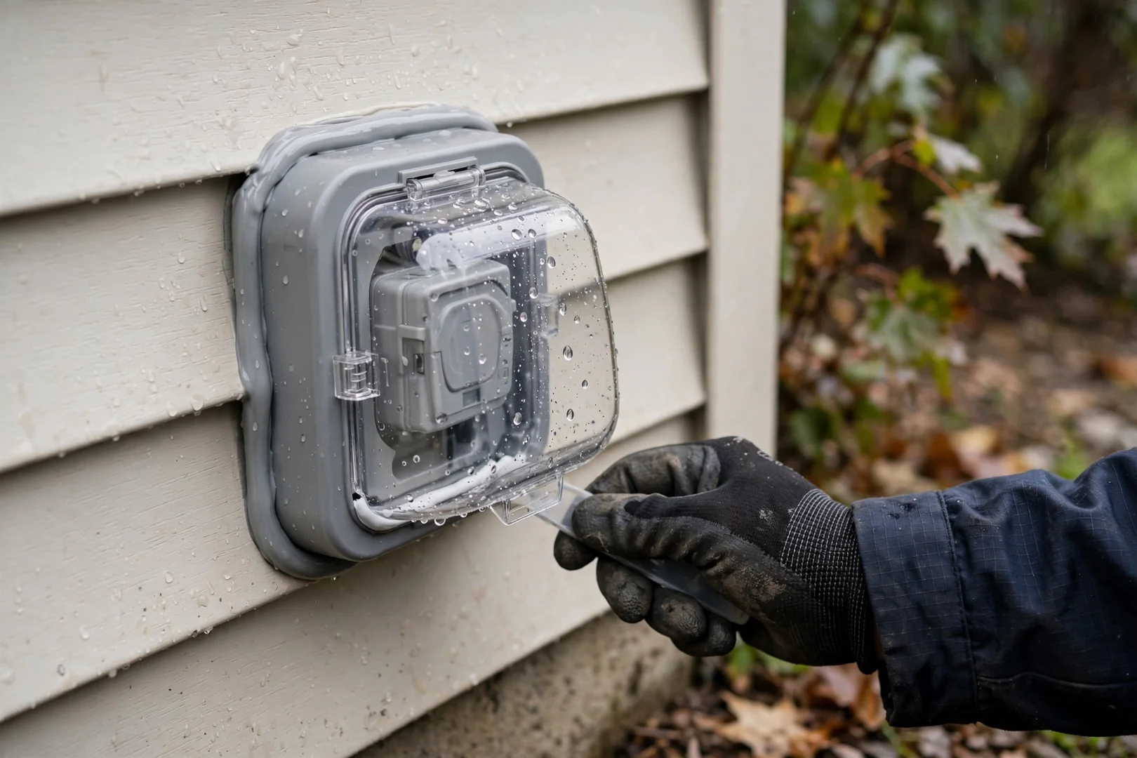 Close-up of a newly installed weather-resistant GFCI outlet with in-use cover outdoors